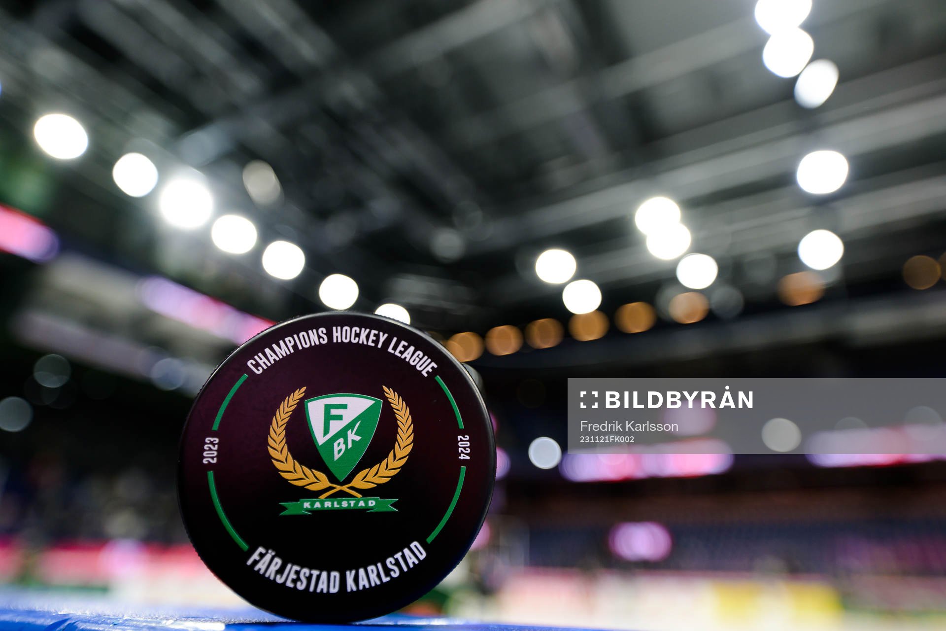 Official game puck ahead the CHL game between Färjestad