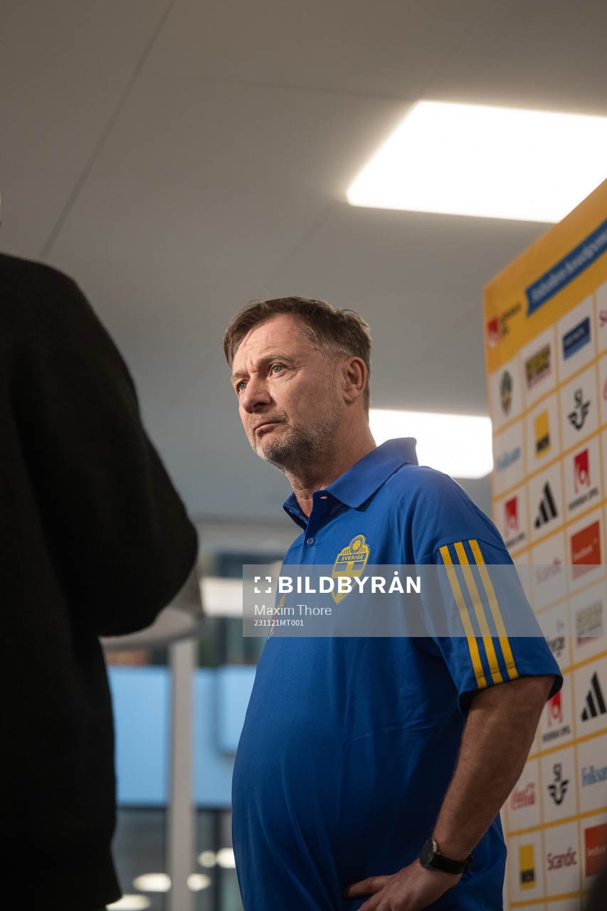 Head coach Peter Gerhardsson of the Swedish women's national football team speaks with media after presenting the team selection ahead of the UEFA Women's Nations League during a press conference on November 21, 2023 in Stockholm.