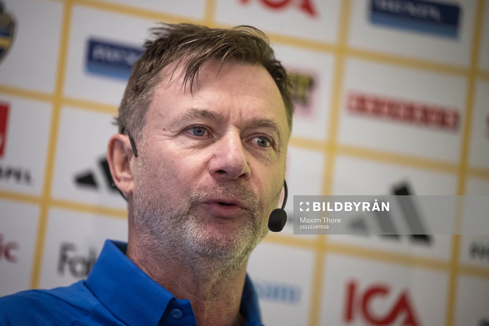Head coach Peter Gerhardsson of the Swedish women's national football team presents the team selection ahead of the UEFA Women's Nations League during a press conference on November 21, 2023 in Stockholm.