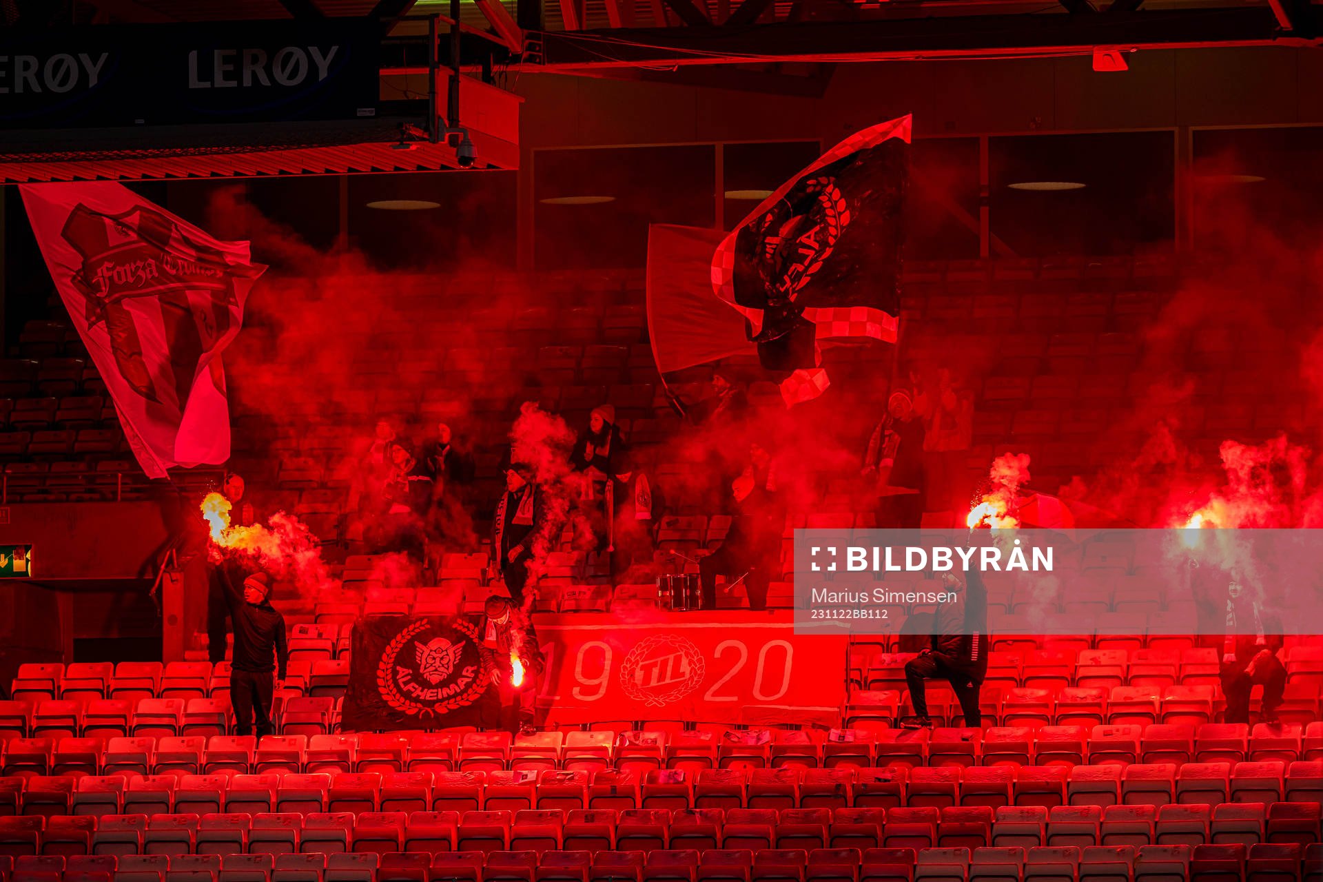 Spectators in the stands ahead of the Toppserien playoff football match between TIL 2020 and Avaldsnes on November 22, 2023 in Tromsø.
