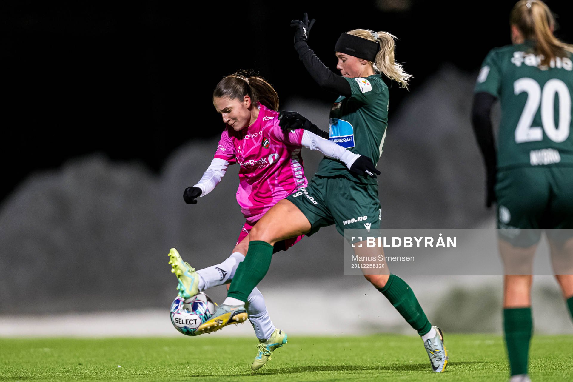 Naina Maria Inauen of TIL 2020 and Kristina Svandal of Avaldsnes during the Toppserien playoff football match between TIL 2020 and Avaldsnes on November 22, 2023 in Tromsø.