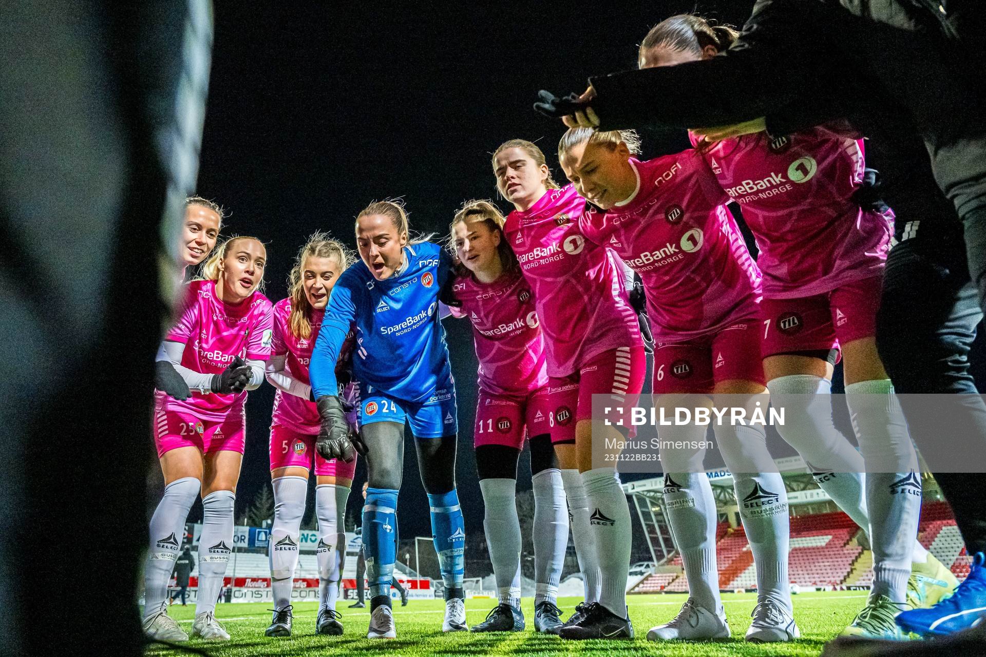 Ina Birkelund, Oda Lillegård, Ingvild Thynes Villa, Ardita Iseni, Mali Motrøen Trøan of TIL 2020 ahead of the Toppserien playoff football match between TIL 2020 and Avaldsnes on November 22, 2023 in Tromsø.