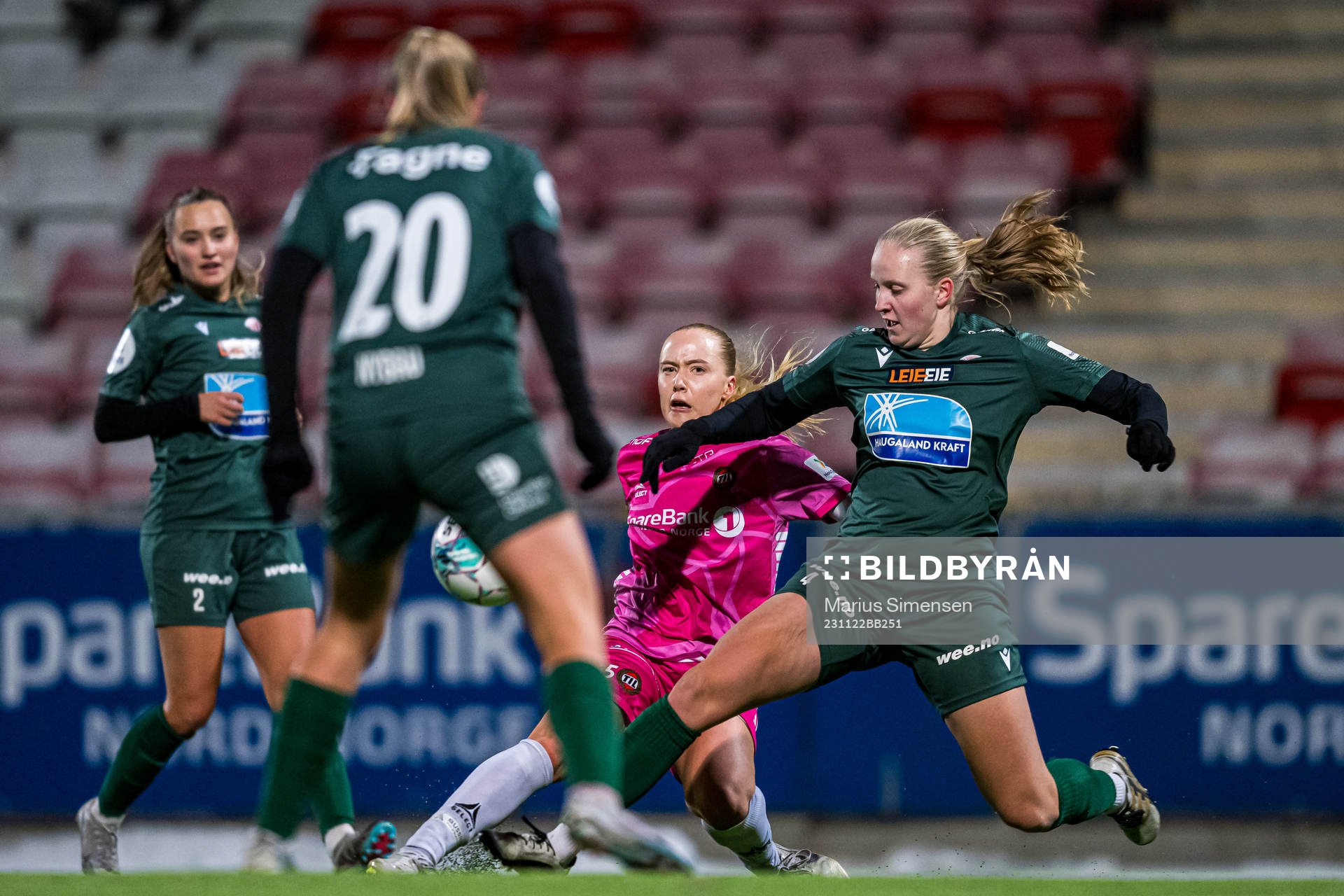 Oda Lillegård of TIL 2020 and Kaja Olsen of Avaldsnes during the Toppserien playoff football match between TIL 2020 and Avaldsnes on November 22, 2023 in Tromsø.