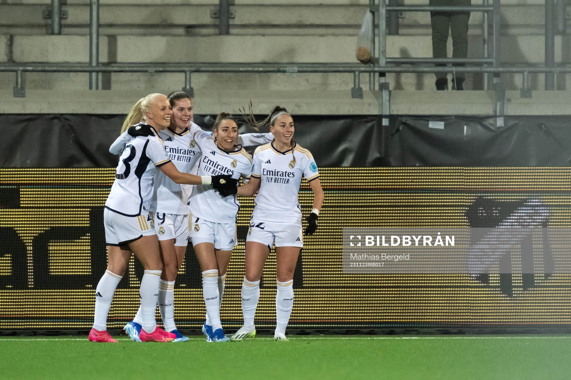 Signe Bruun, Sofie Svava, and Olga of Real Madrid celebrate