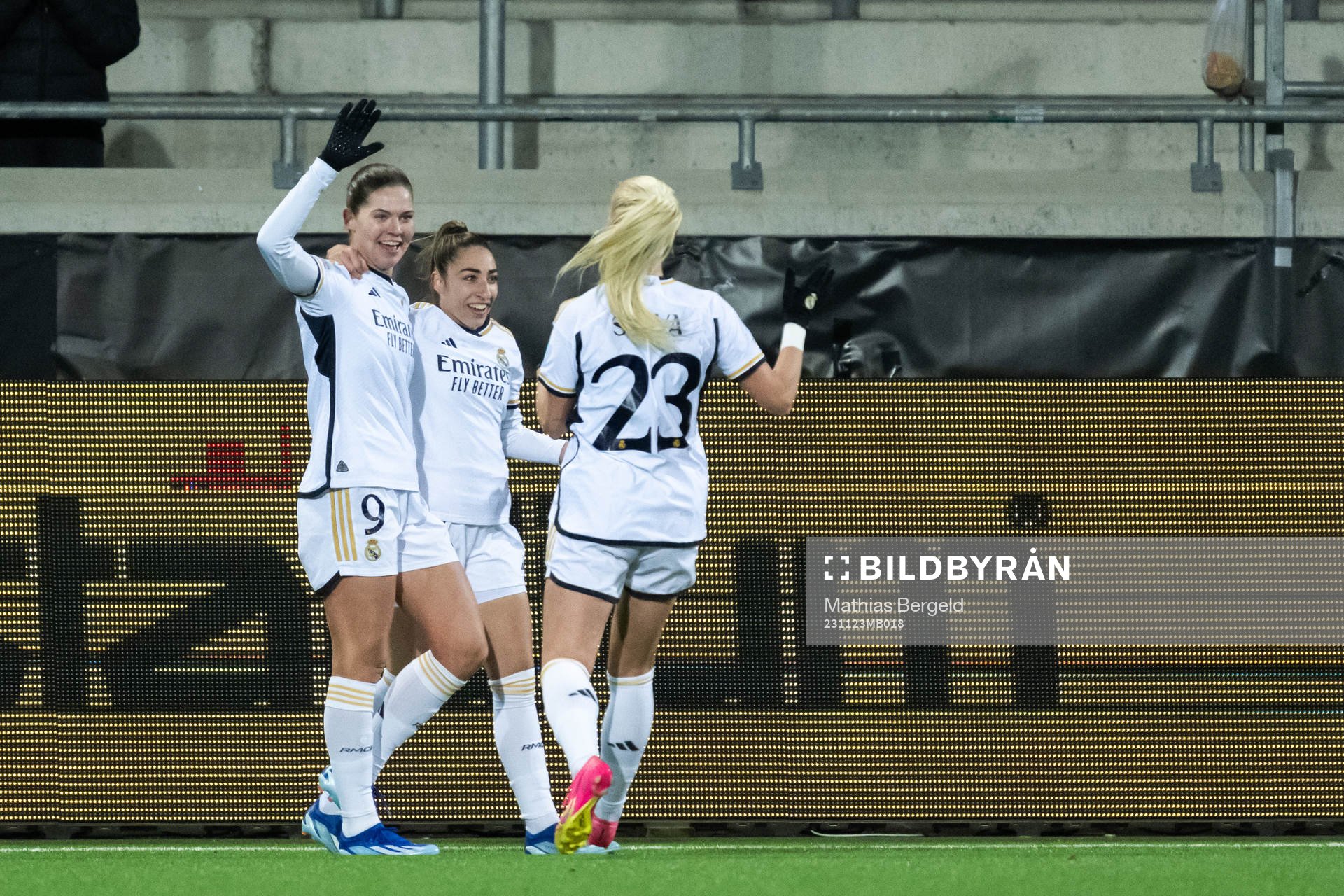 Signe Bruun, Sofie Svava, and Olga of Real Madrid celebrate