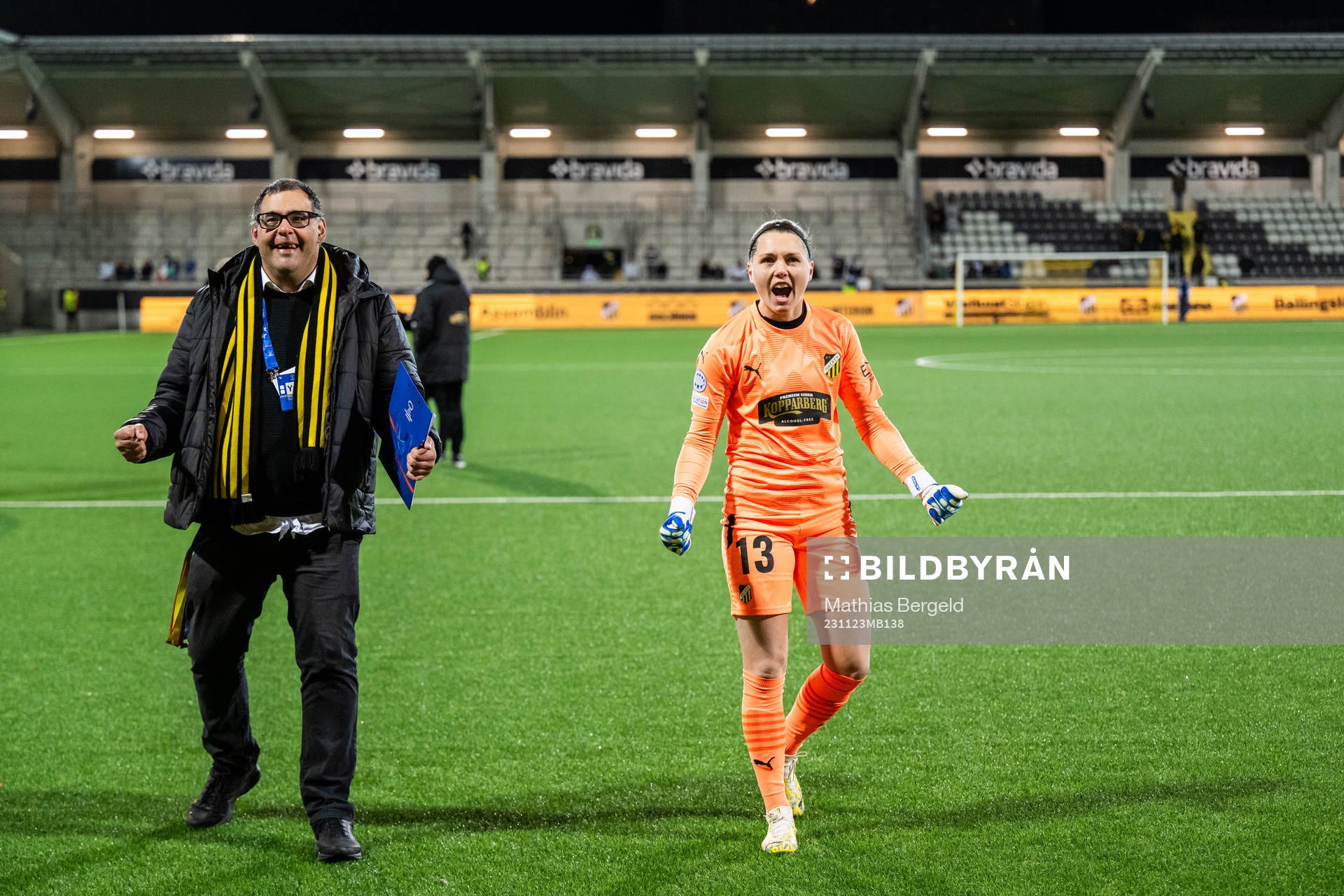 Goalkeeper Jennifer Falk of Häcken celebrates after the UEFA Women's Champions League football match between Häcken and Real Madrid on November 23, 2023 in Gothenburg.