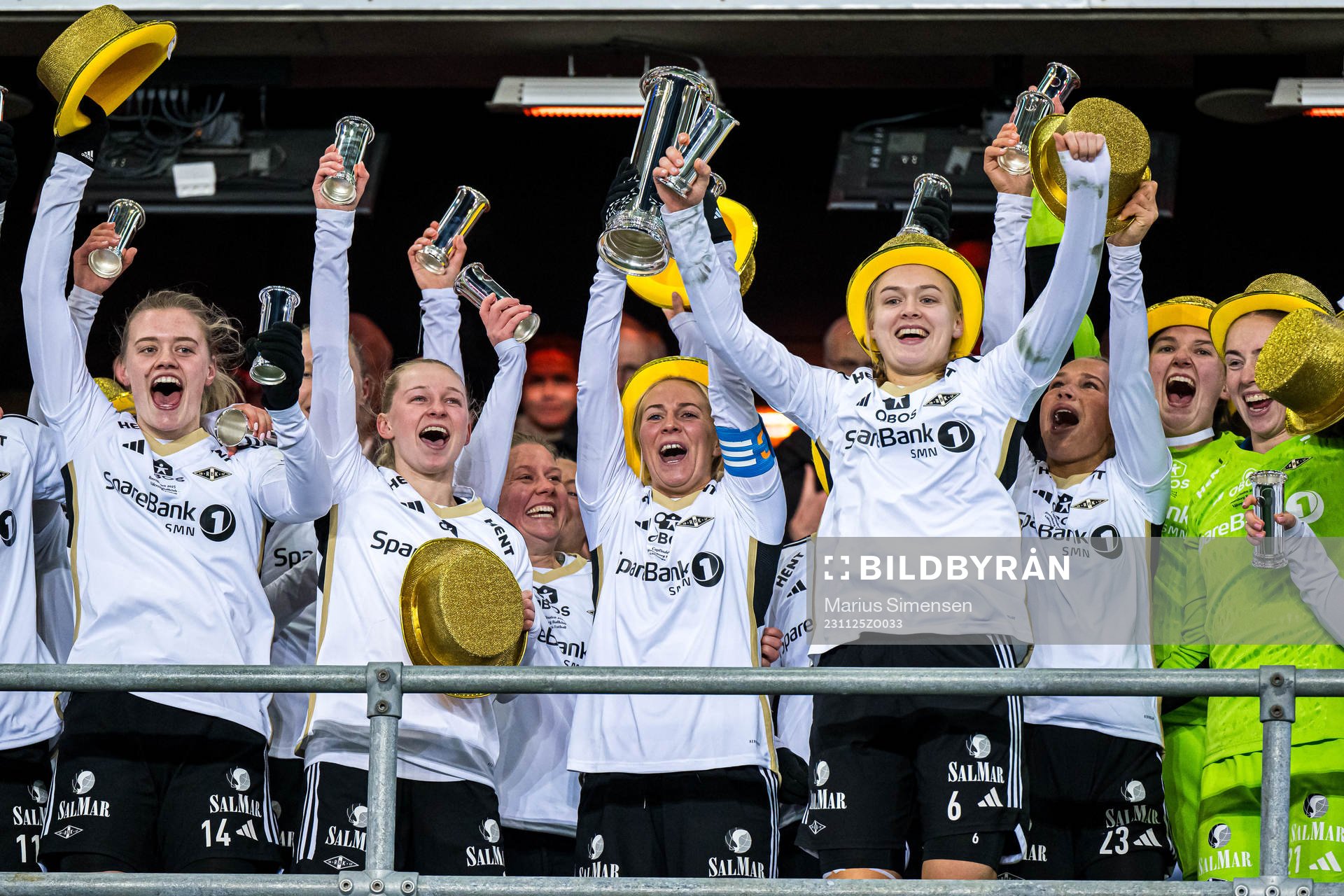 Mathilde Harviken, Emilie Marie Joramo, Mali Lilleås Næss and Elin Åhgren Sørum of Rosenborg celebrates with the trophy after the cup final between Rosenborg and Vålerenga on November 25, 2023 in Oslo.