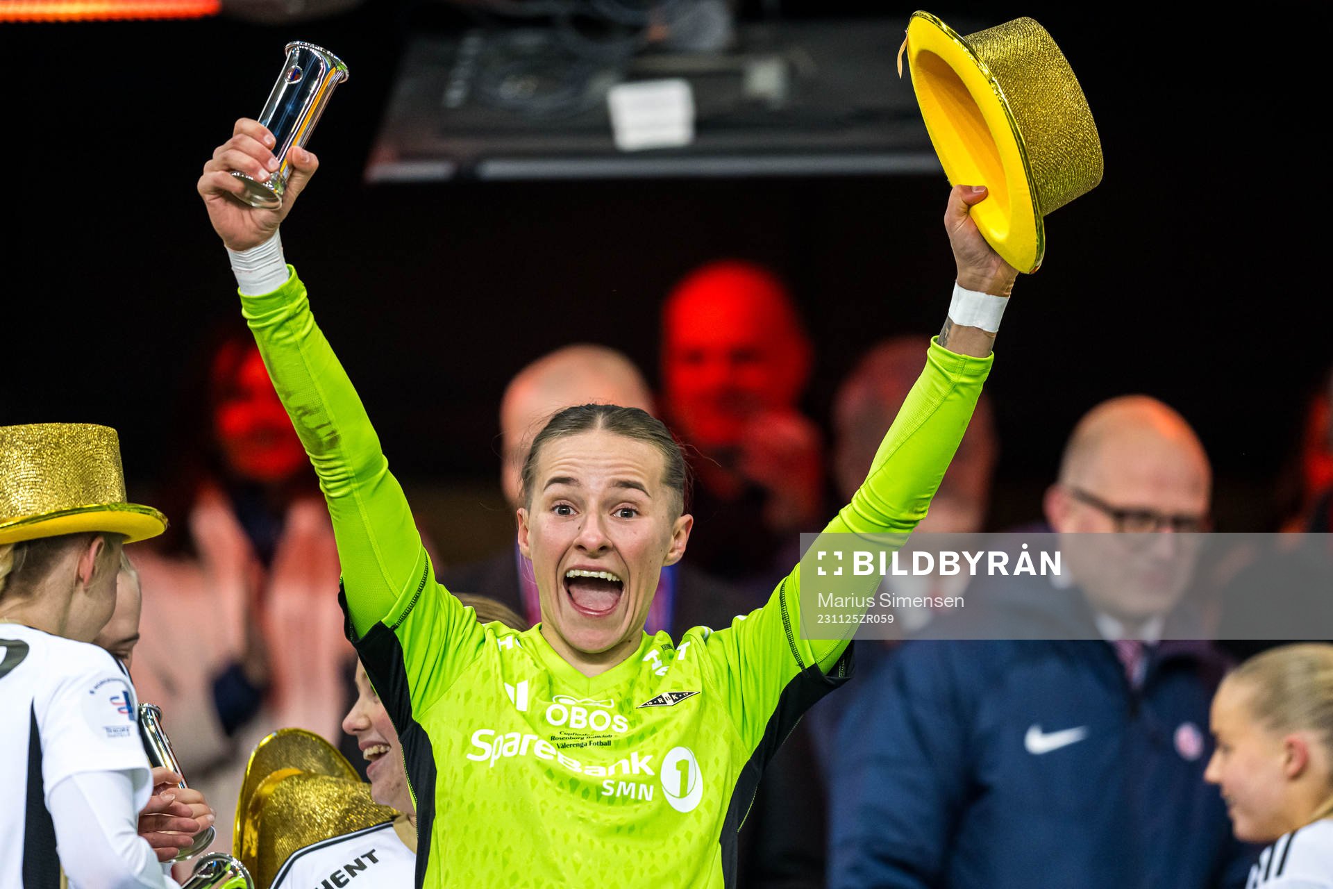 Rugile Rulyte of Rosenborg celebrates with the trophy after the cup final between Rosenborg and Vålerenga on November 25, 2023 in Oslo.