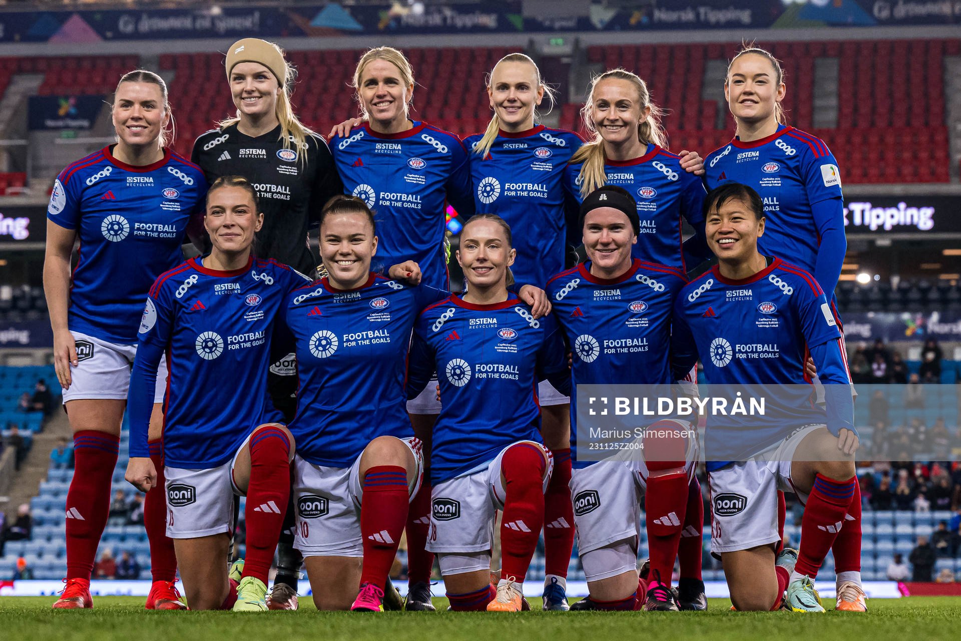 The starting eleven of Vålerenga, from the top left; Ingibjörg Sigurdardottir, Guro Pettersen, Elise Thorsnes, Karina Sævik, Michaela Kovacs, Janni Thomsen, Mimmi Löfwenius Veum, Olaug Tvedten, Thea Bjelde, Linn Victoria Vickius and Silje Nygård Djurhuus poses for a team group photo ahead of the cup final between Rosenborg and Vålerenga on November 25, 2023 in Oslo.