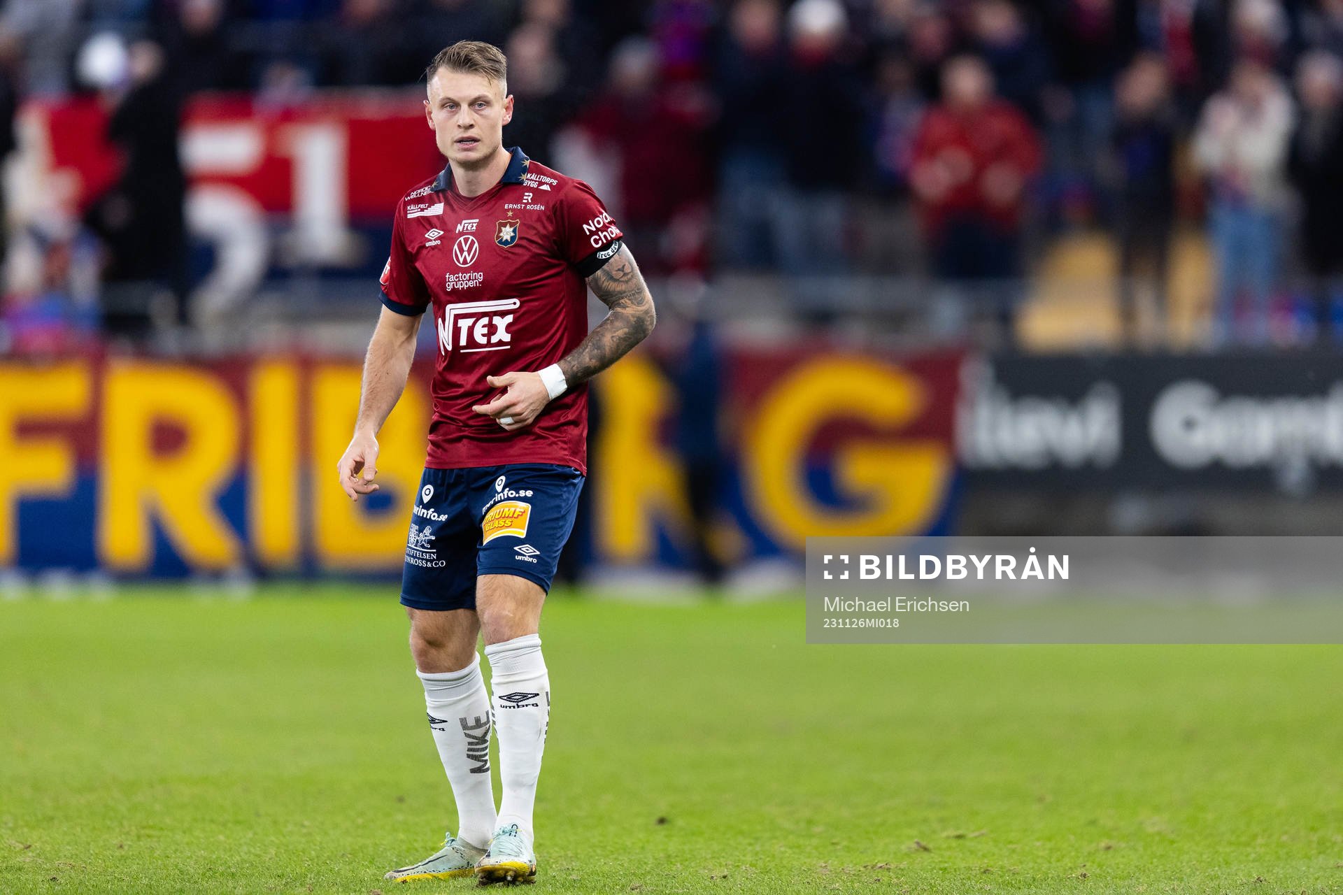Örgrytes Marcus Haglind Sangre under fotbollsmatchen i kvalet till Superettan mellan Örgryte och Nordic United den 26 november 2023 i Göteborg.