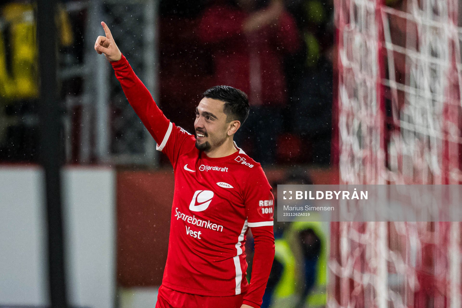 Niklas Castro of Brann celebrates after scoring the 4-0 goal during the Eliteserien match between Brann and Bodø/Glimt on November 26, 2023 in Bergen.