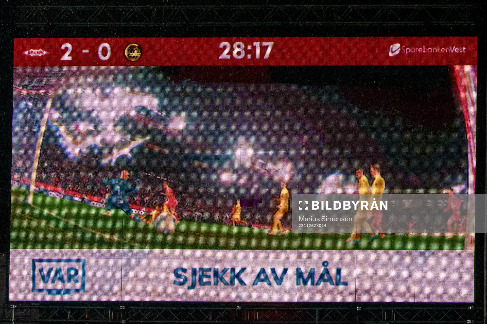 Video assistant referee (VAR) check during the Eliteserien match between Brann and Bodø/Glimt on November 26, 2023 in Bergen.