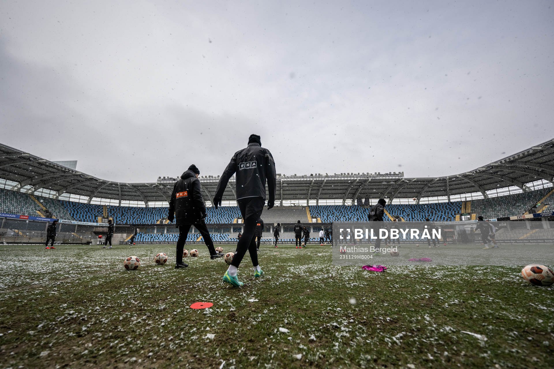 Players enter the pitch during a training session with Häcken on November 29, 2023 in Gothenburg. 