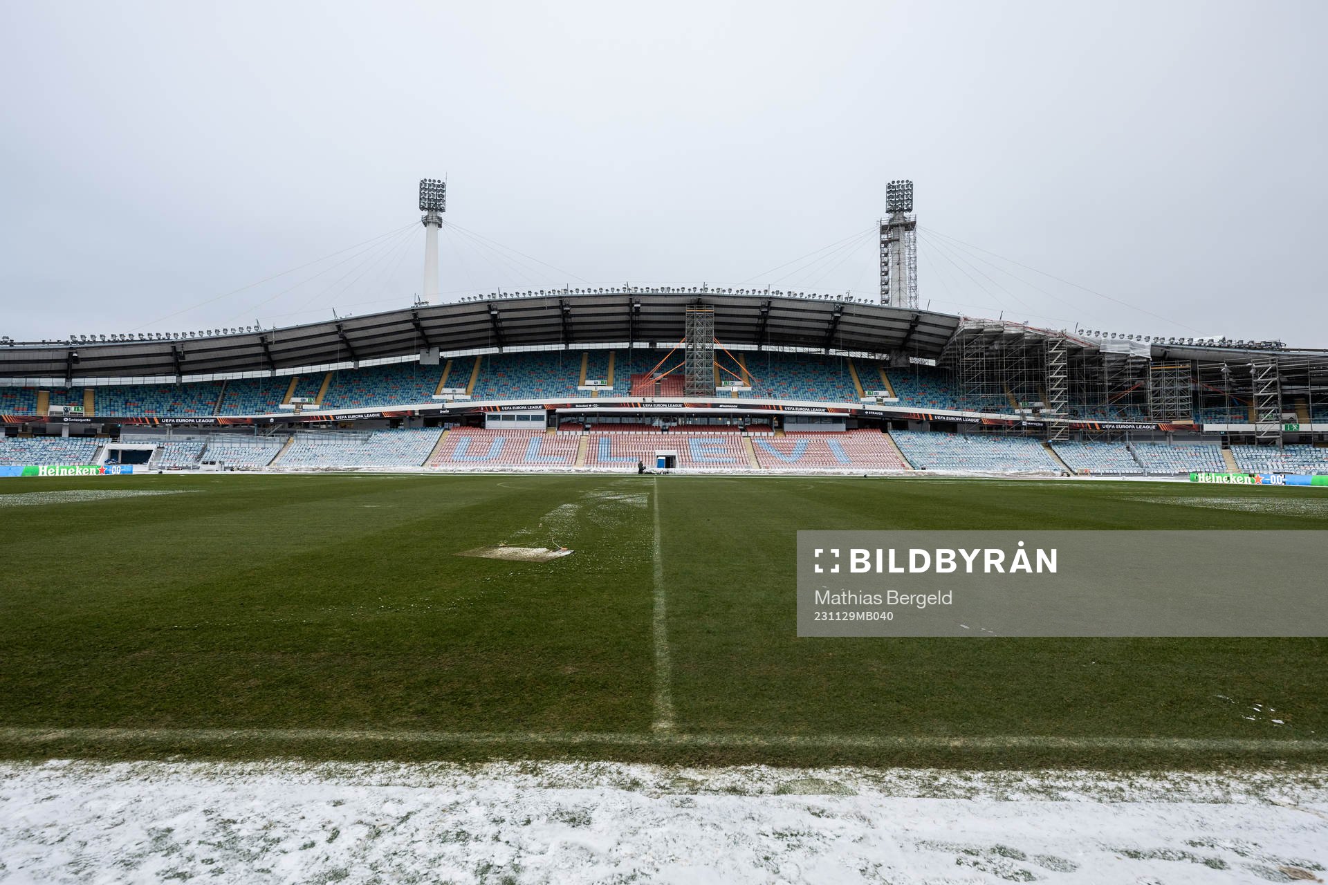 Snow around the pitch at Ullevi stadium