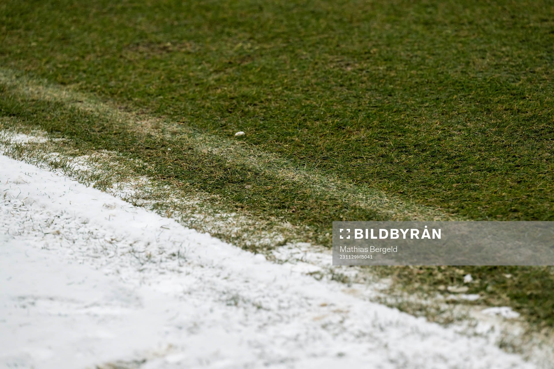 Snow next to the pitch at Ullevi stadium on November 29, 2023 in Gothenburg. 