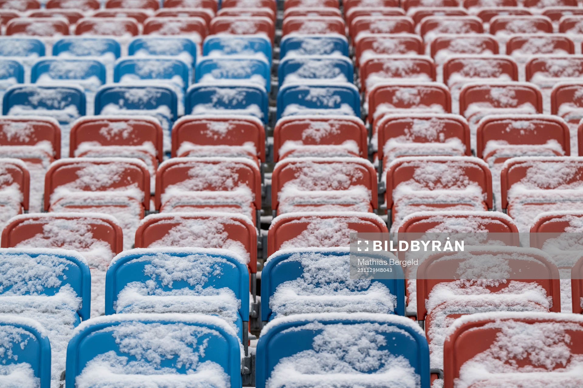 Snow at the seats at Ullevi stadium on November 29, 2023 in Gothenburg. 