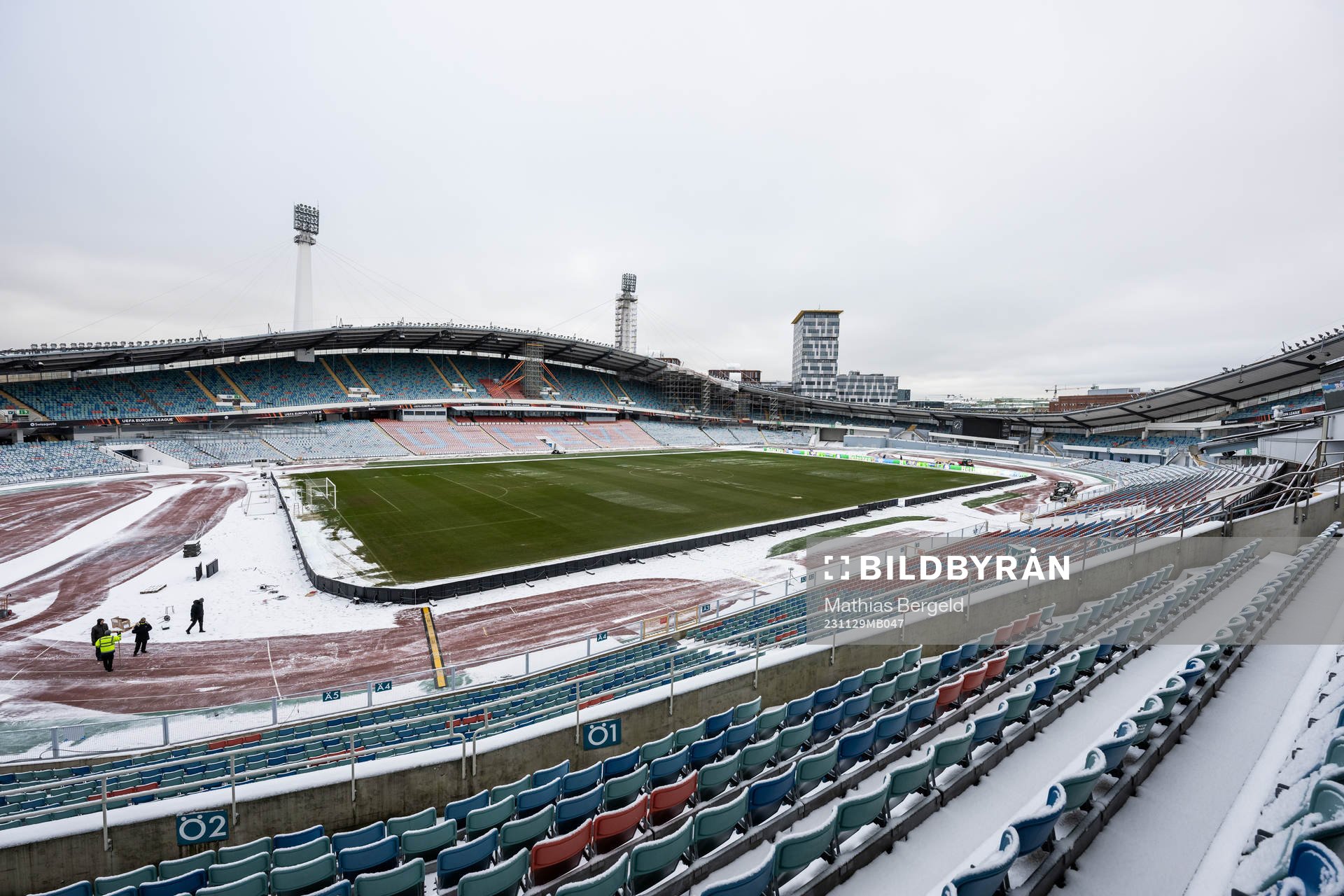 Snow around the pitch at Ullevi stadium