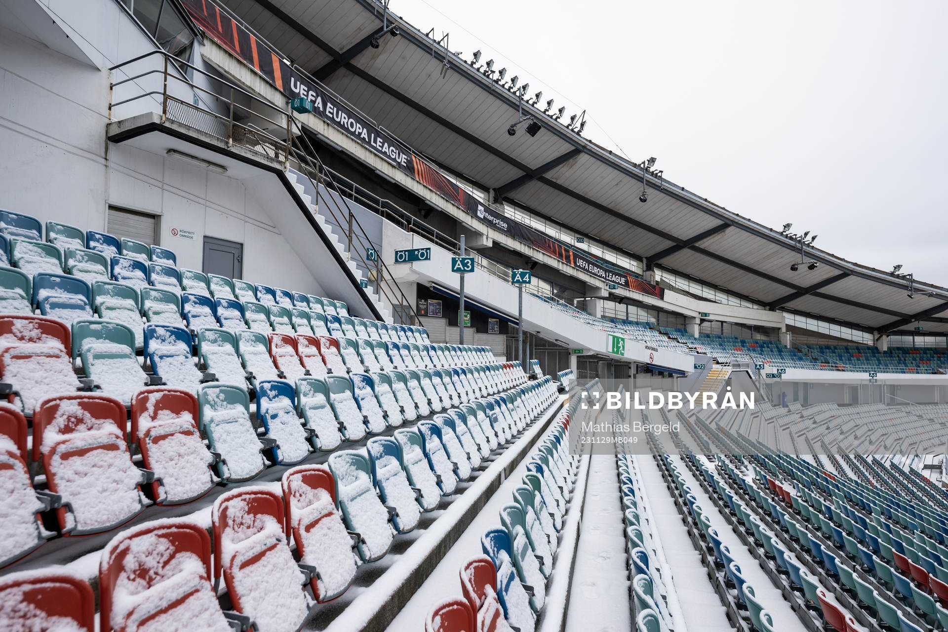 Snow at the seats at Ullevi stadium on November 29, 2023 in Gothenburg. 
