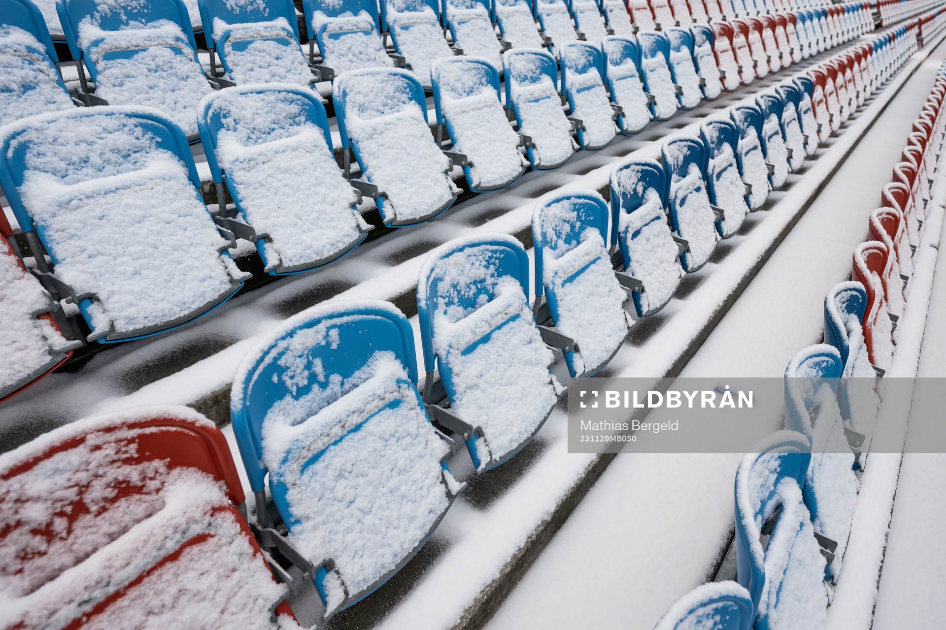 Snow at the seats at Ullevi stadium