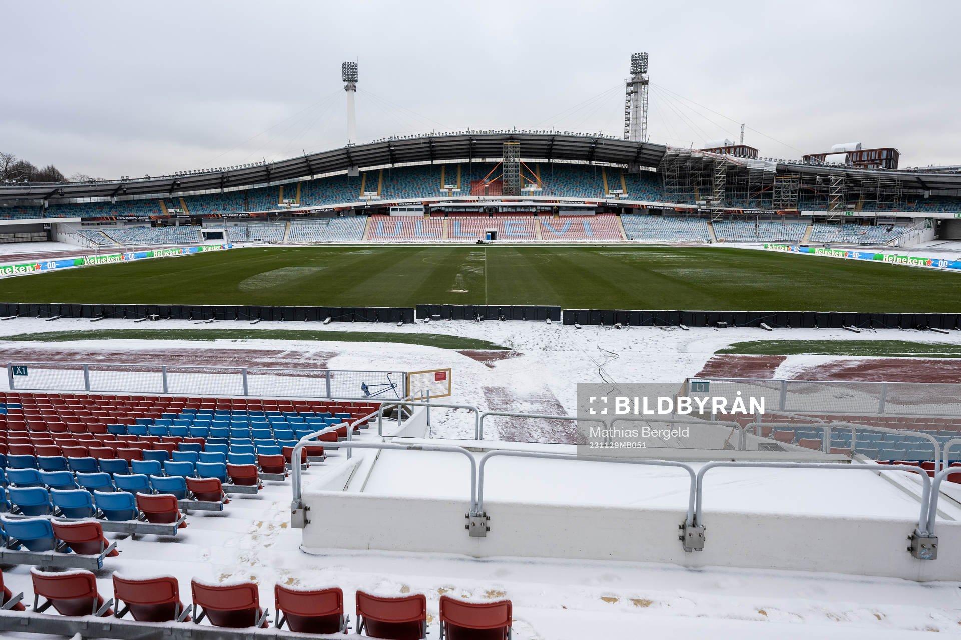 Snow around the pitch at Ullevi stadium