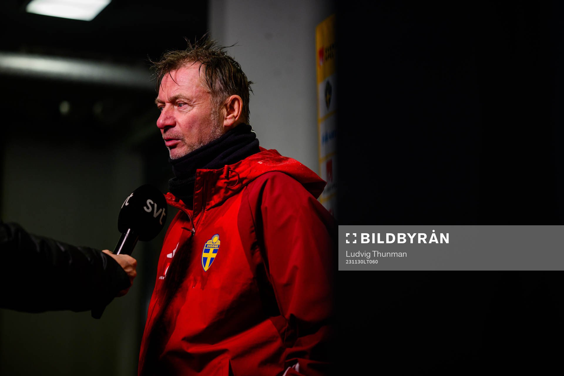 Head coach Peter Gerhardsson is interviewed by the media