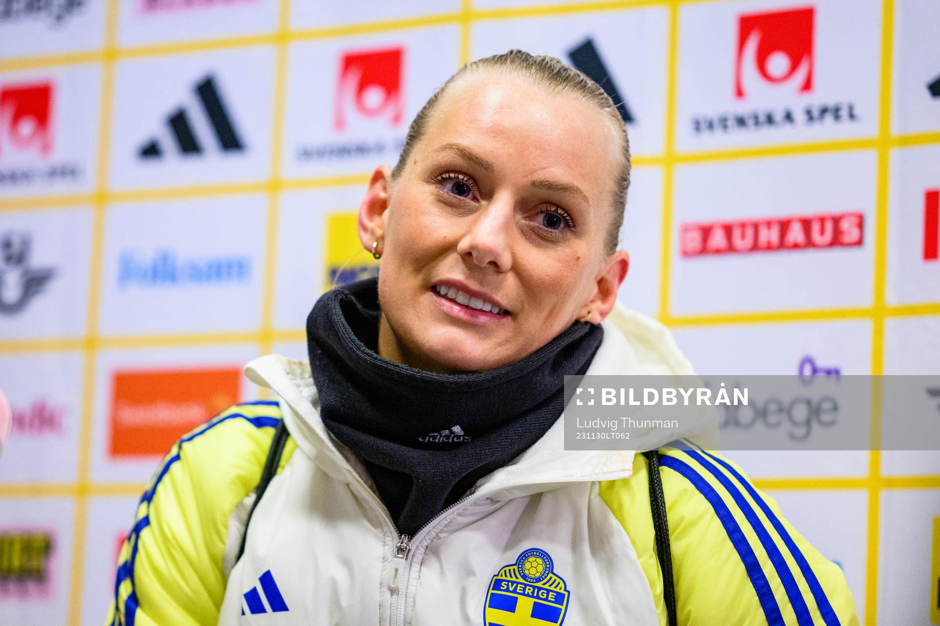 Stina Blackstenius is interviewed by the media after a training session with Swedish women’s national football team on November 30, 2023 in Lucerene.