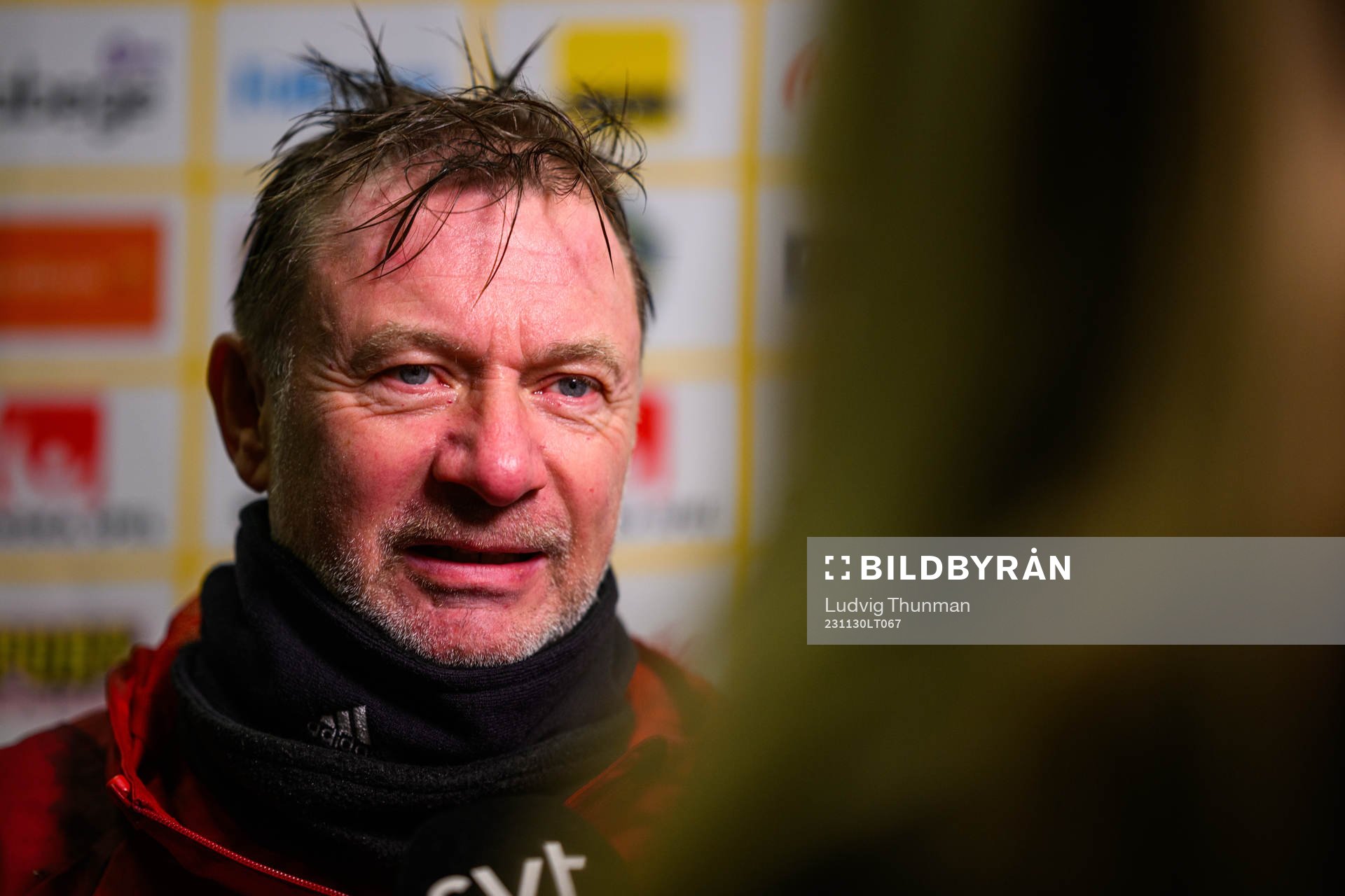 Head coach Peter Gerhardsson is interviewed by the media