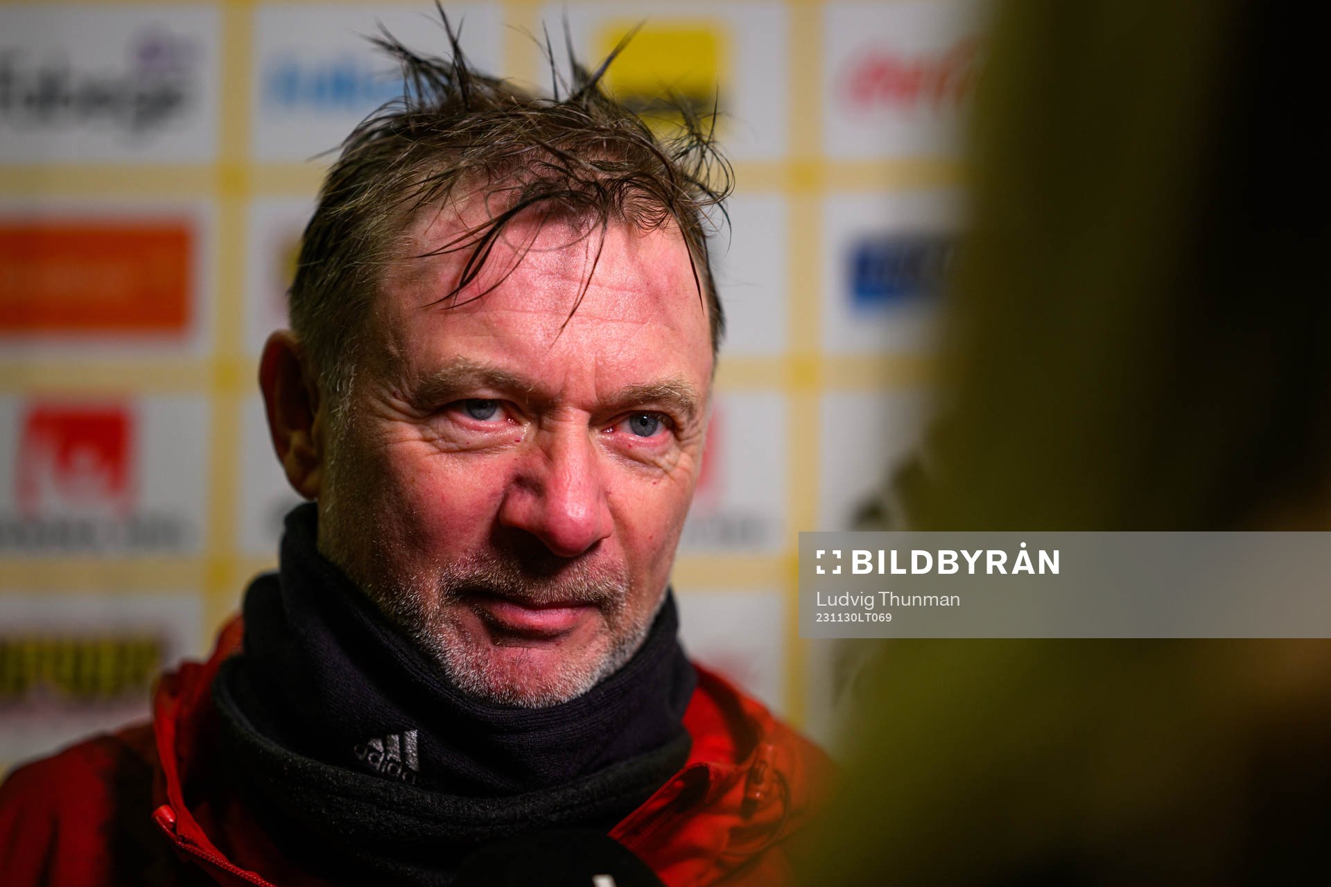 Head coach Peter Gerhardsson is interviewed by the media