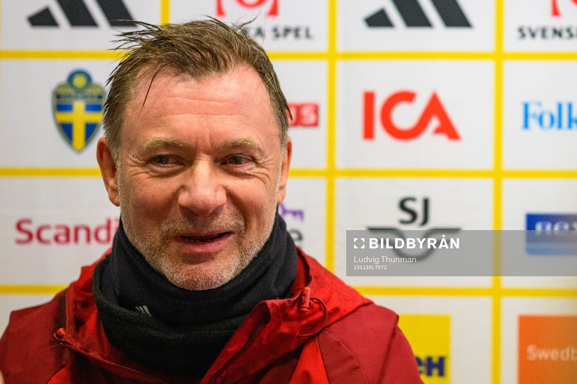 Head coach Peter Gerhardsson is interviewed by the media