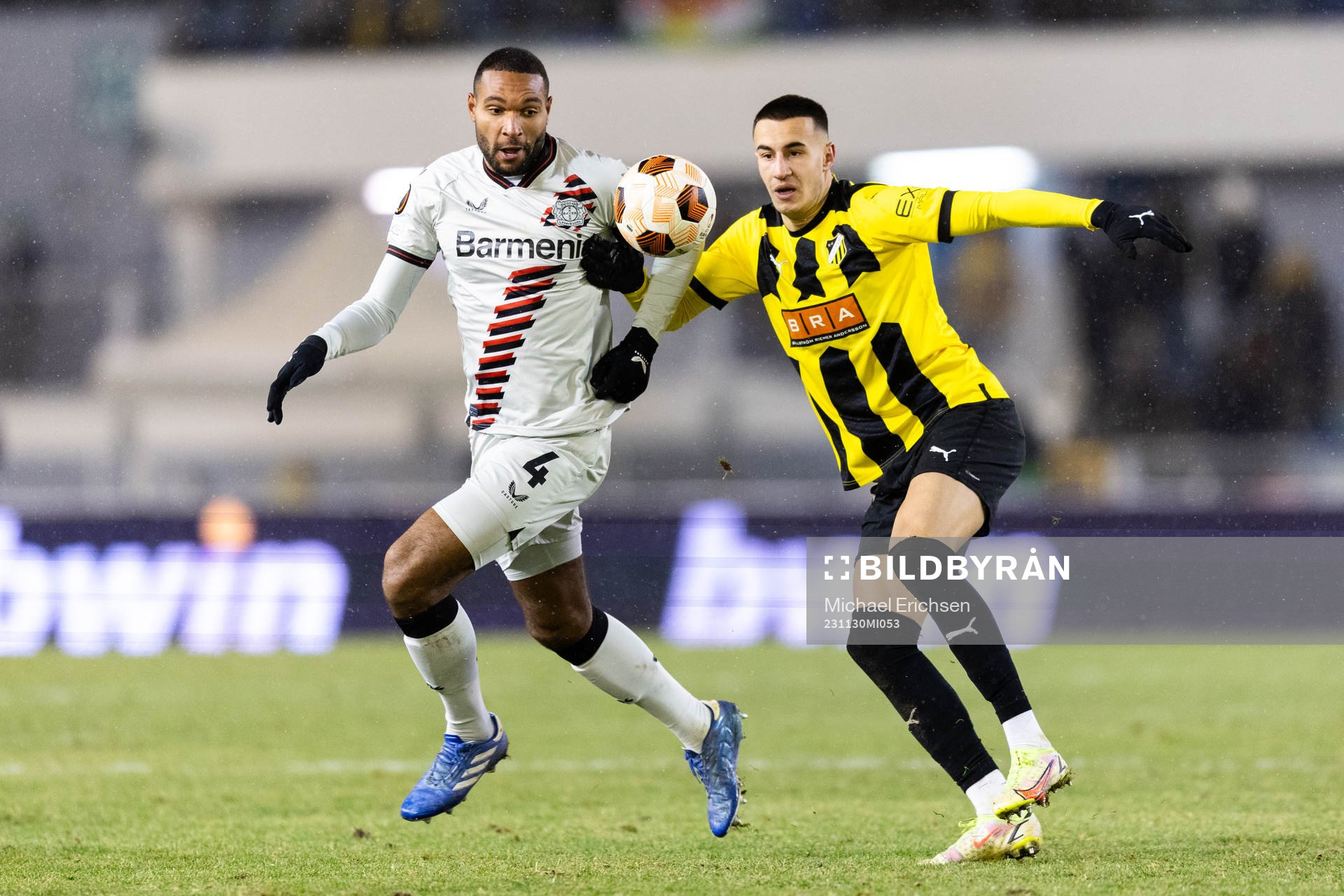 Nathan Tella of Bayer Leverkusen and Aiham Ousou of BK