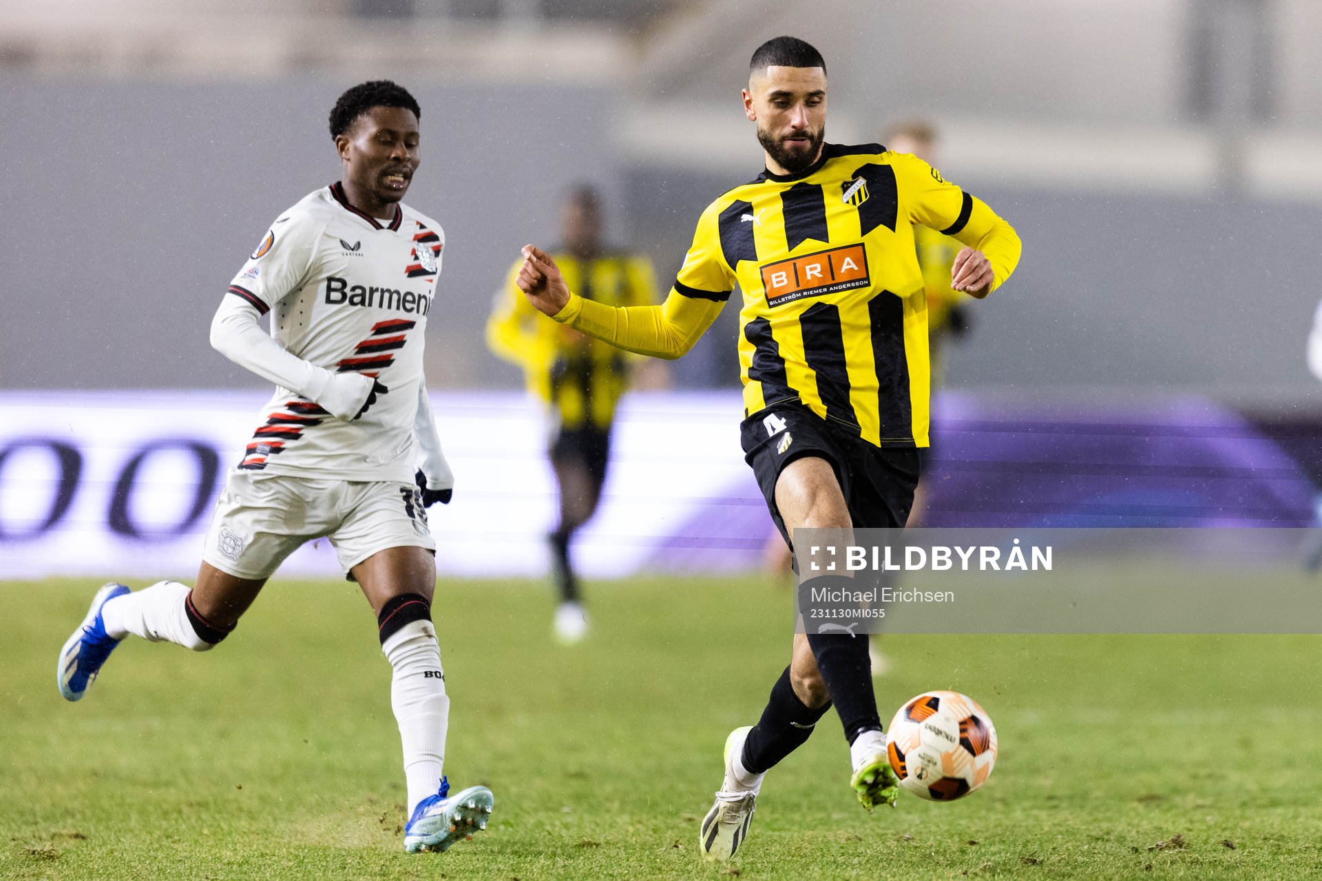 Nathan Tella of Bayer Leverkusen and Aiham Ousou of BK