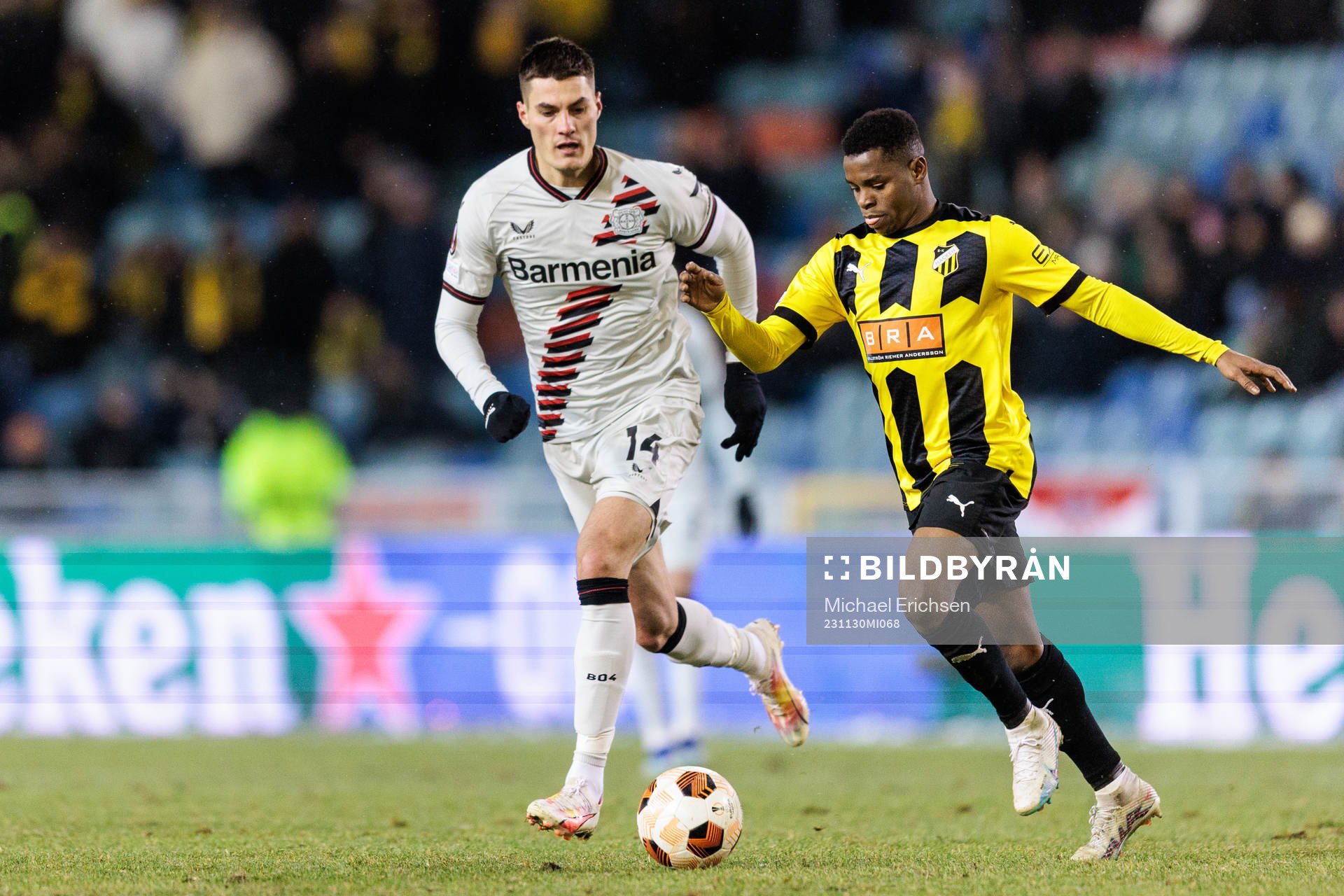Patrik Schick of Bayer Leverkusen and Abdulrazaq Ishaq of BK Häcken during the UEFA Europa League football match between BK Häcken and Bayer Leverkusen on November 30, 2023 in Gothenburg.