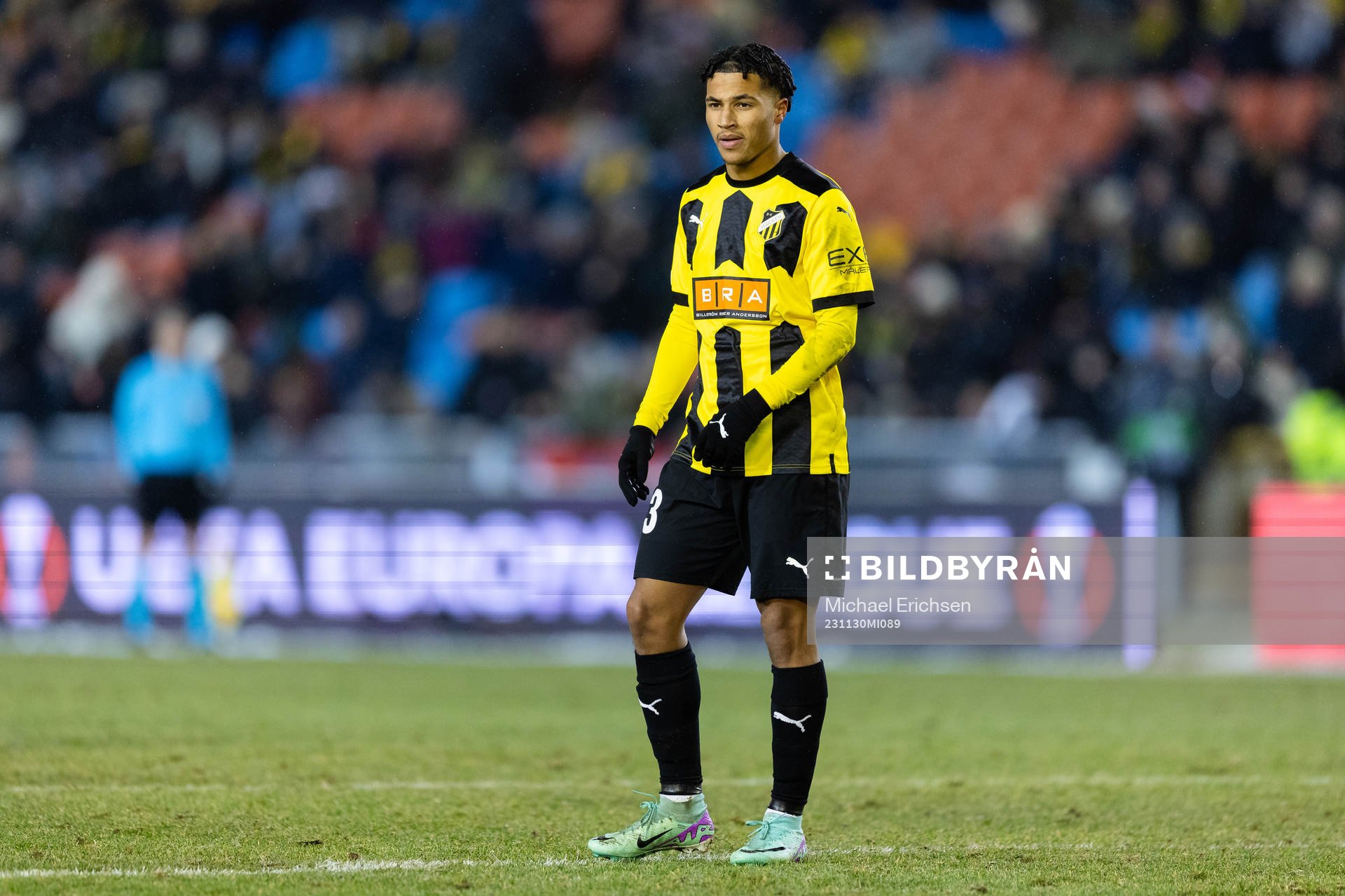 Momodou Sonko of BK Häcken during the UEFA Europa League football match between BK Häcken and Bayer Leverkusen on November 30, 2023 in Gothenburg.