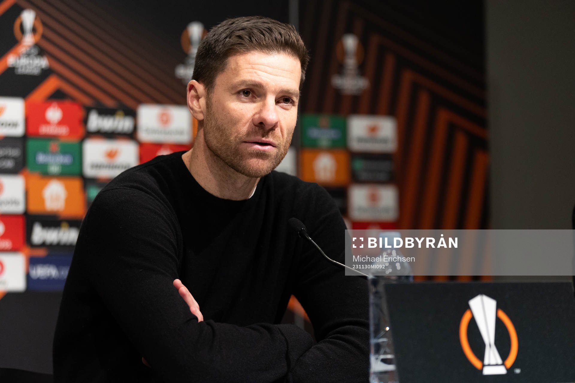 Head coach Xabi Alonso of Bayer Leverkusen during the press conference after the UEFA Europa League football match between BK Häcken and Bayer Leverkusen on November 30, 2023 in Gothenburg.