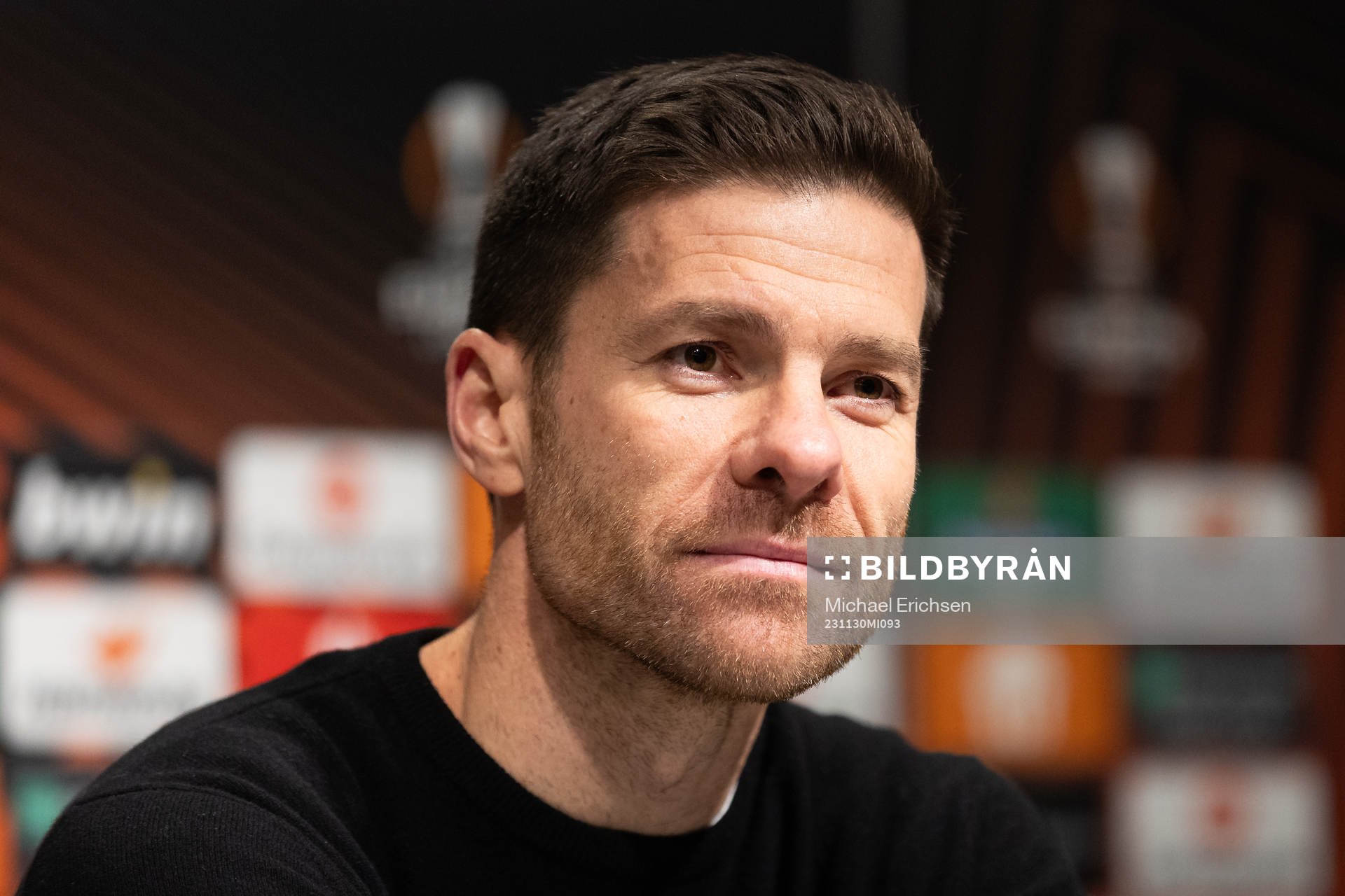 Head coach Xabi Alonso of Bayer Leverkusen during the press conference after the UEFA Europa League football match between BK Häcken and Bayer Leverkusen on November 30, 2023 in Gothenburg.