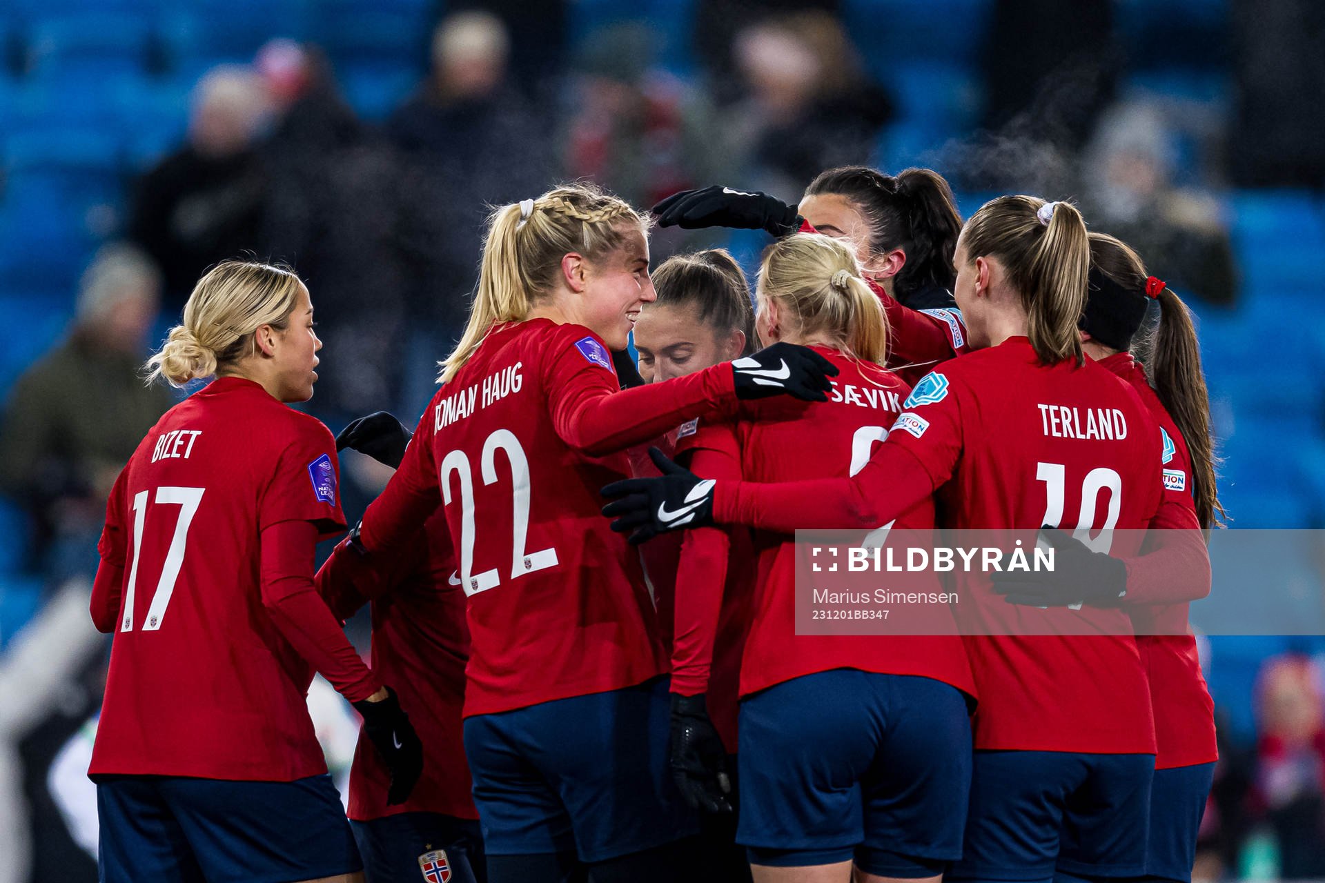 Sophie Roman Haug of Norway celebrates after scoring the 4-0 goal during the UEFA Women’s Nations League football match between Norway and Portugal on December 1, 2023 in Oslo.