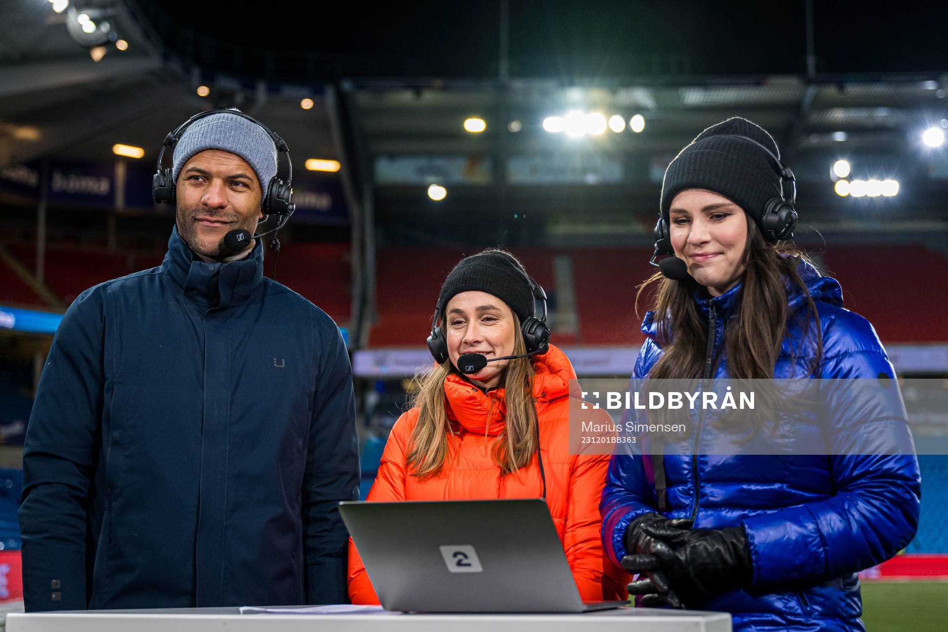Yaw Amankwah, Ingrid Ryland and Ingrid Halstensen of TV 2 after the UEFA Women’s Nations League football match between Norway and Portugal on December 1, 2023 in Oslo.