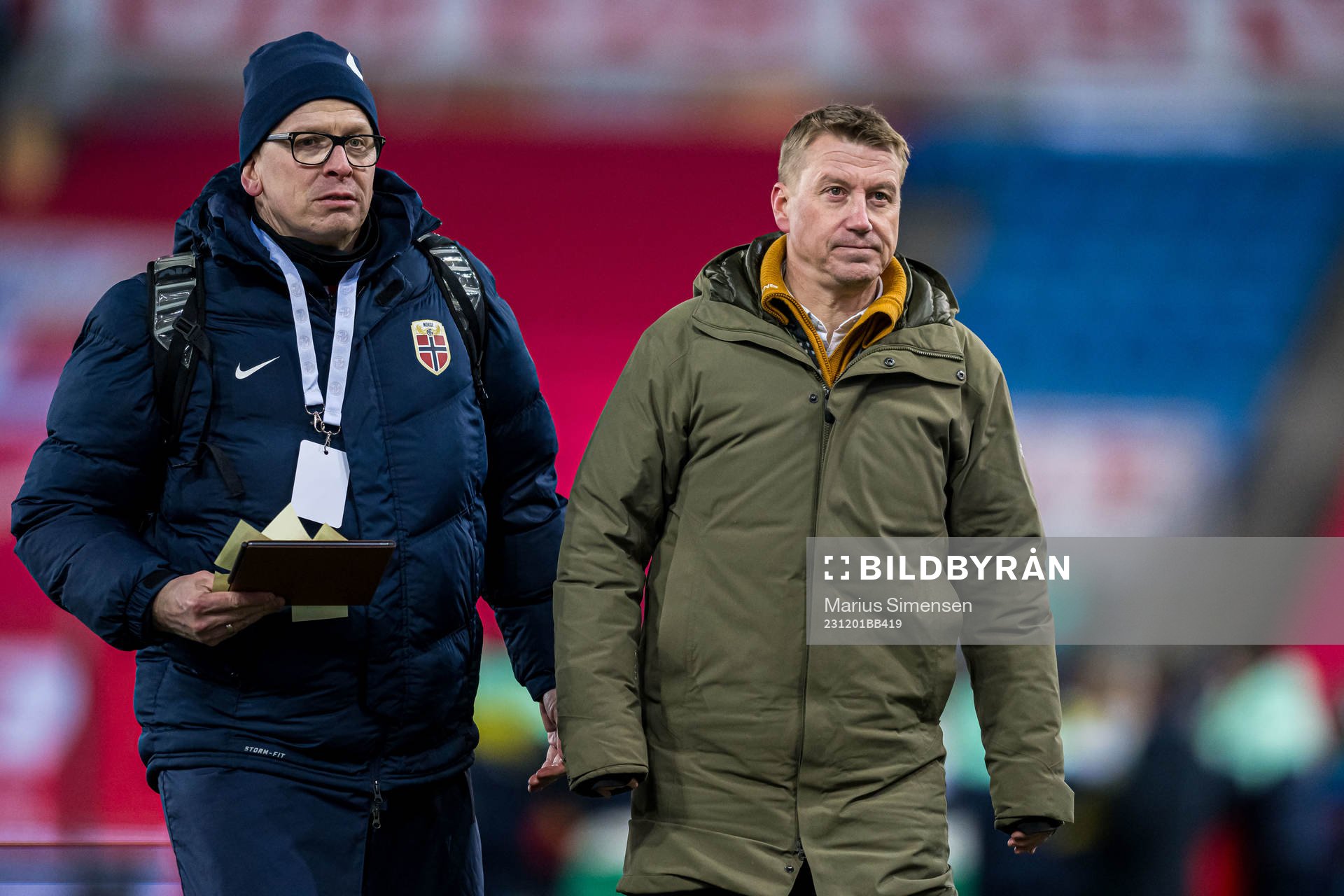Henning Sverdrup, head of communications, and Leif Gunnar Smerud, head coach of Norway, the UEFA Women’s Nations League football match between Norway and Portugal on December 1, 2023 in Oslo.