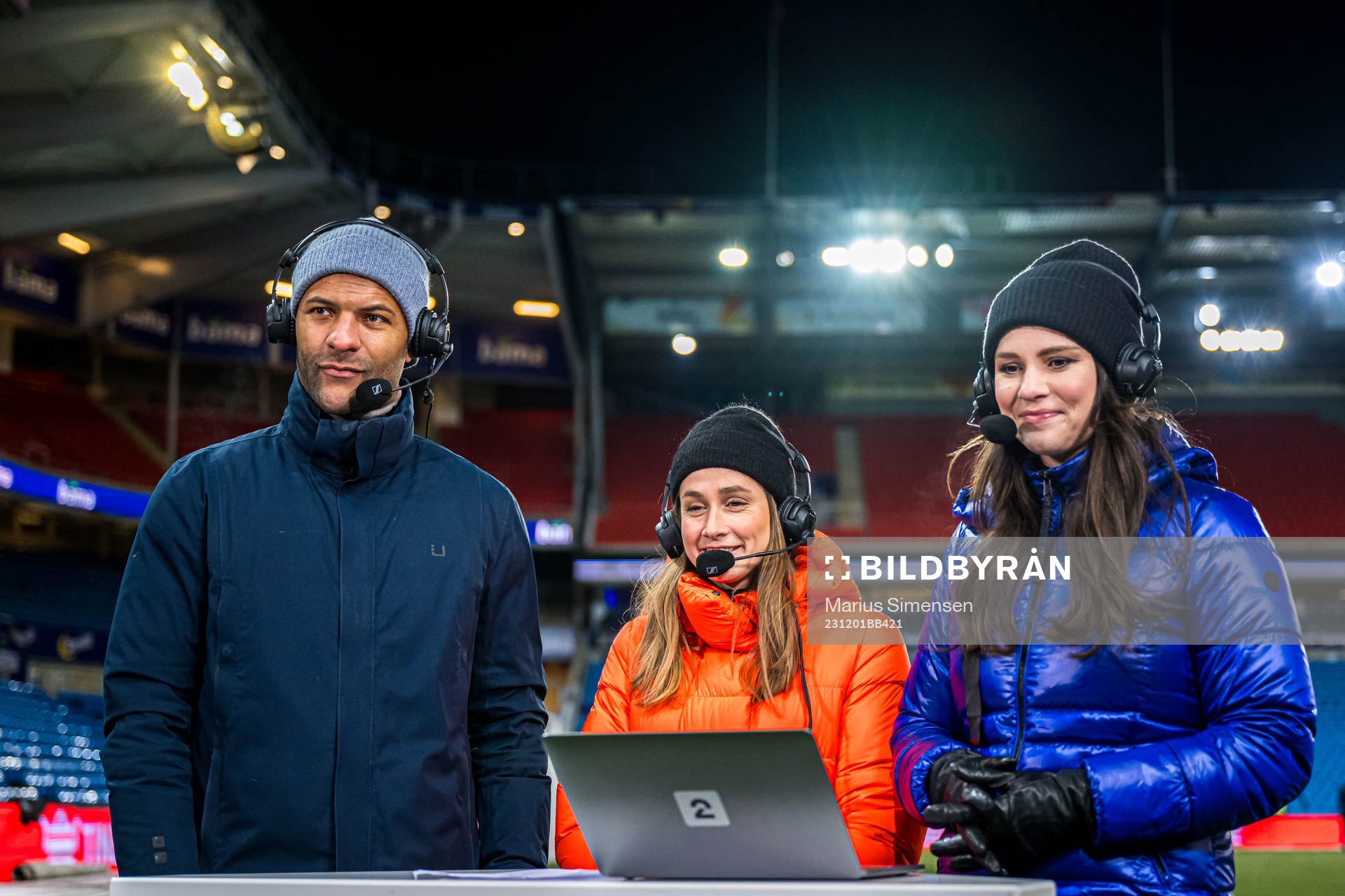 Yaw Amankwah, Ingrid Ryland and Ingrid Halstensen of TV 2 after the UEFA Women’s Nations League football match between Norway and Portugal on December 1, 2023 in Oslo.
