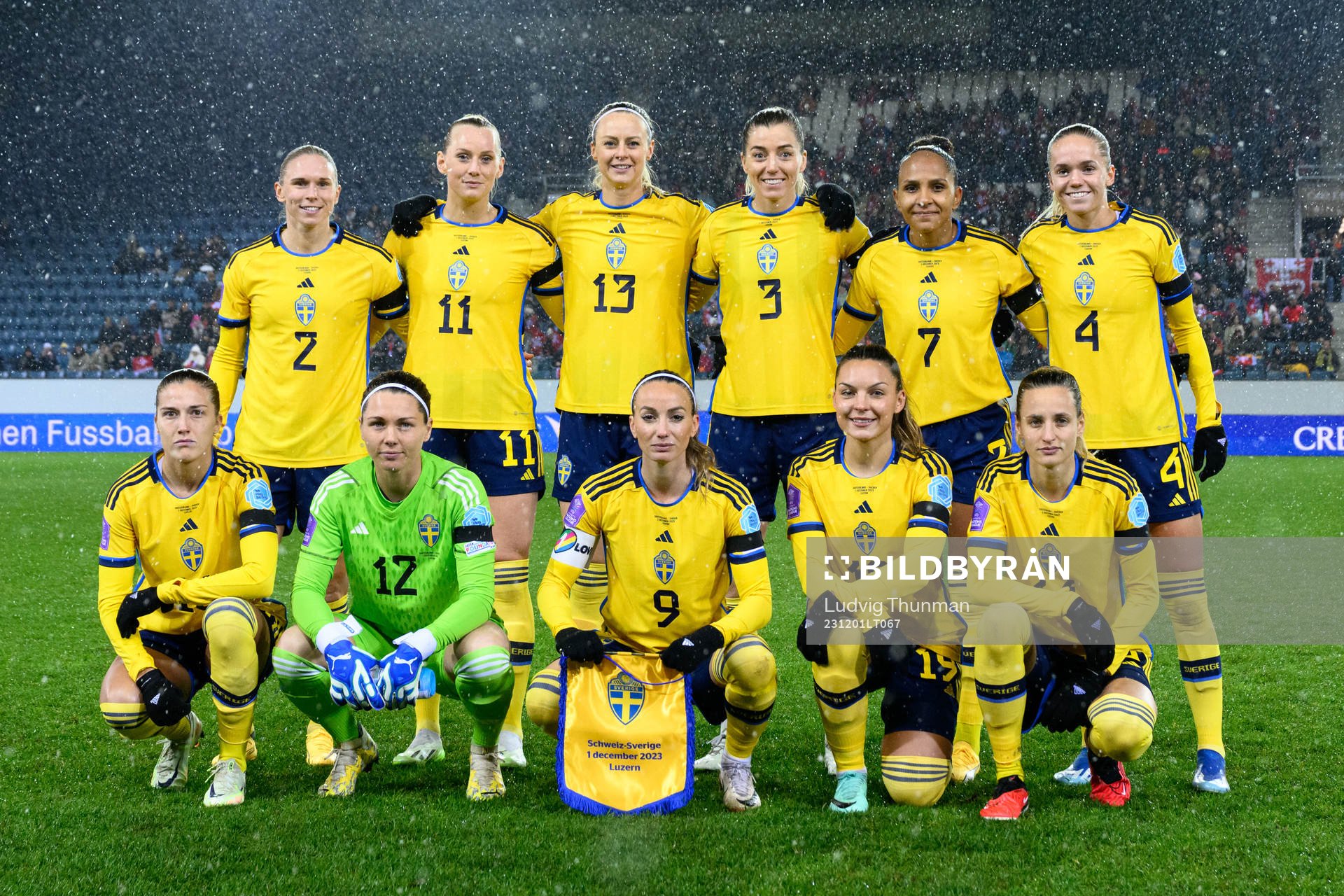 Starting eleven of Sweden ahead the UEFA Women's Nations League football match between Switzerland and Sweden on December 1, 2023 in Lucerne. Jonna Andersson, Stina Blackstenius, Nathalie Björn, Linda Sembrant, Madelen Janogy, Hanna Lundkvist, Filippa Angeldahl, goalkeeper Jennifer Falk, Kosovare Asllani, Johanna Rytting Kaneryd and Nathalie Björn