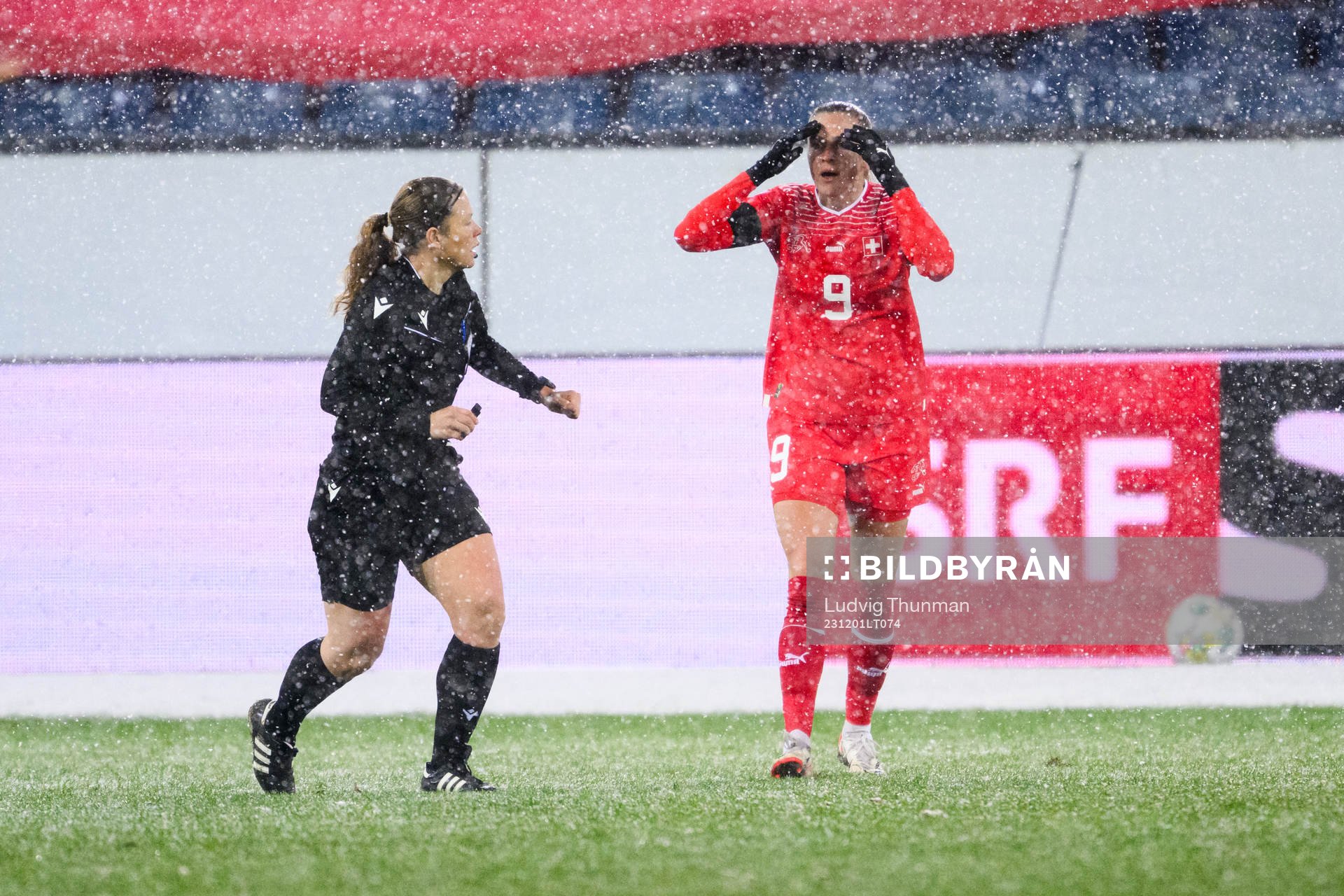 Ana-Maria Crnogorcevic of Switzerland reacts during the UEFA Women's Nations League football match between Switzerland and Sweden on December 1, 2023 in Lucerne.