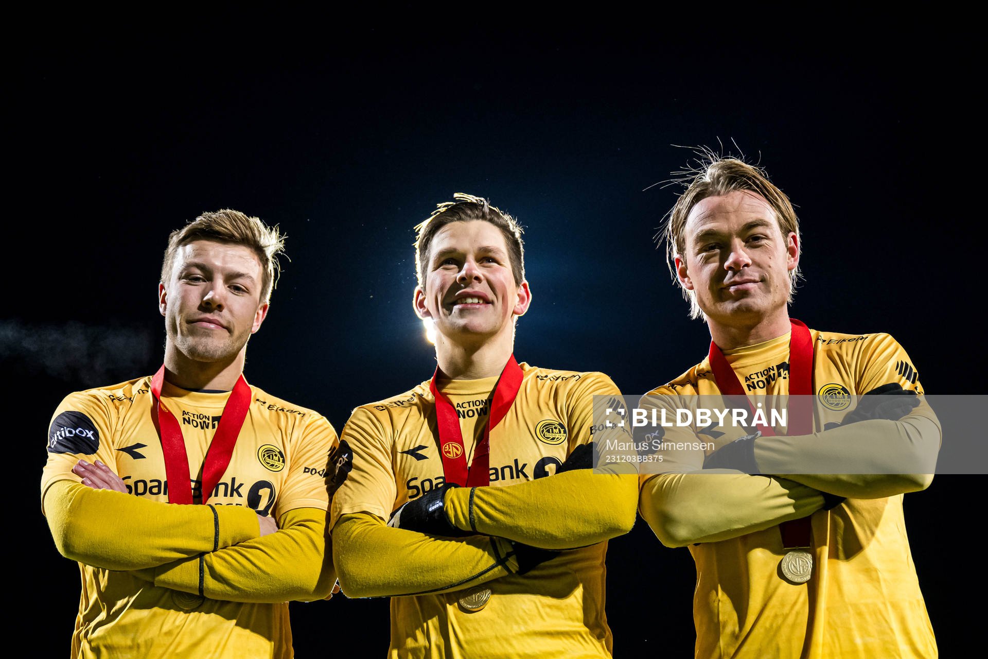 Fredrik Bjørkan, Sondre Brunstad Fet and Patrick Berg of Bodø/Glimt celebrates after the Eliteserien match between Bodø/Glimt and Sarpsborg 08 on December 3, 2023 in Bodø.