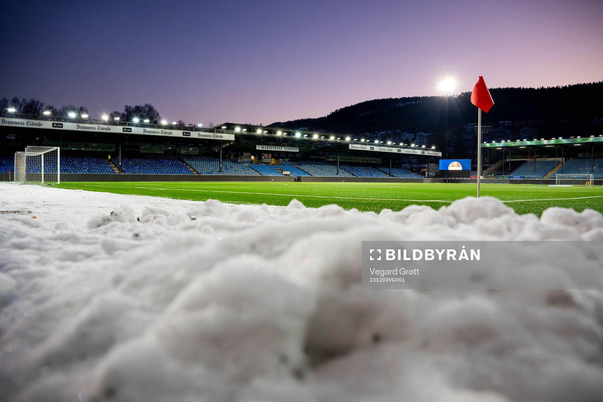 General view of Marienlyst stadion ahead of the Eliteserien football match between Strømsgodset and Brann on December 3, 2023 in Drammen.