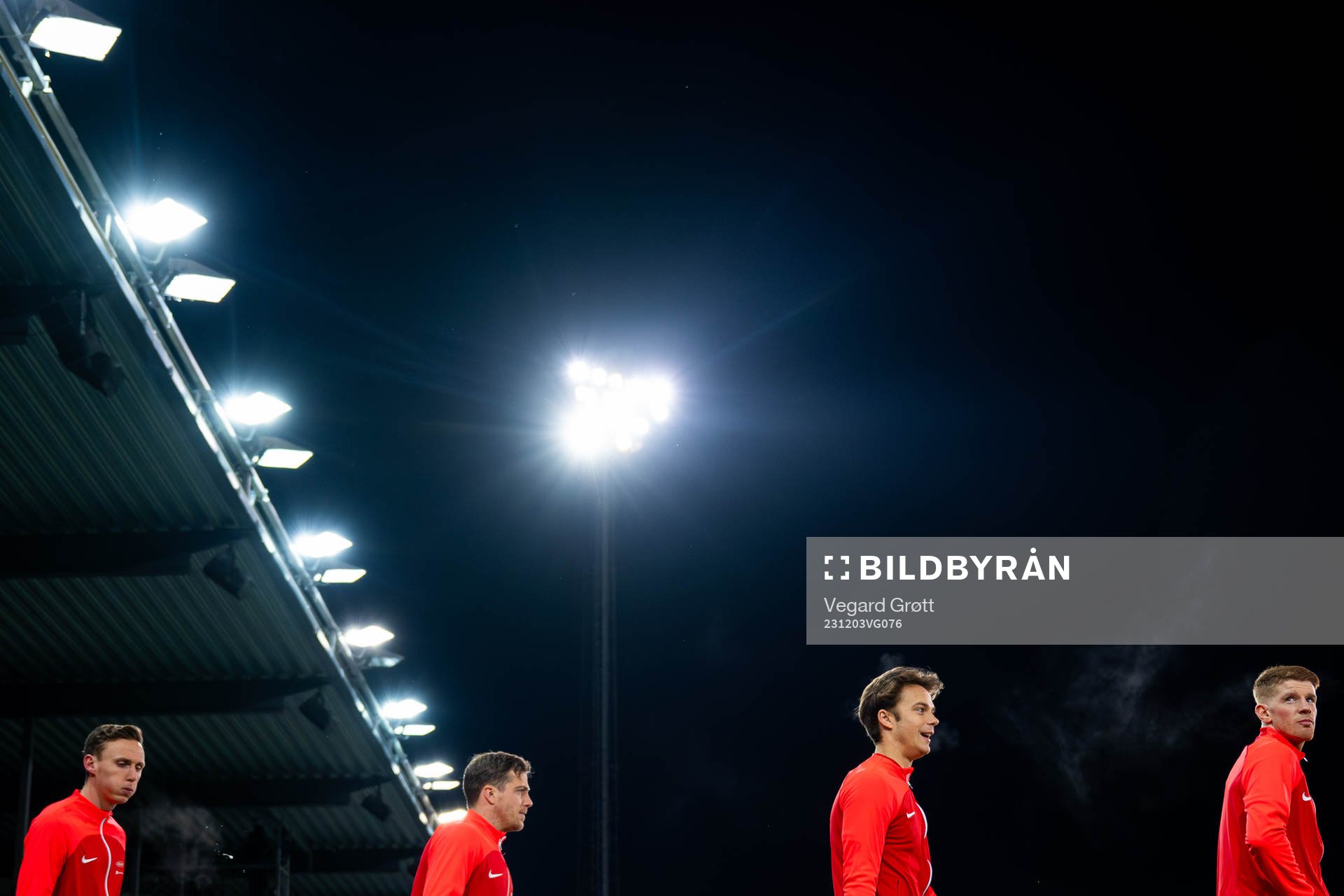 Joachim Soltvedt, Frederik Lindbøg Børsting, Felix Horn Myhre and Thore Pedersen of Brann enter the pitch ahead of the Eliteserien football match between Strømsgodset and Brann on December 3, 2023 in Drammen.