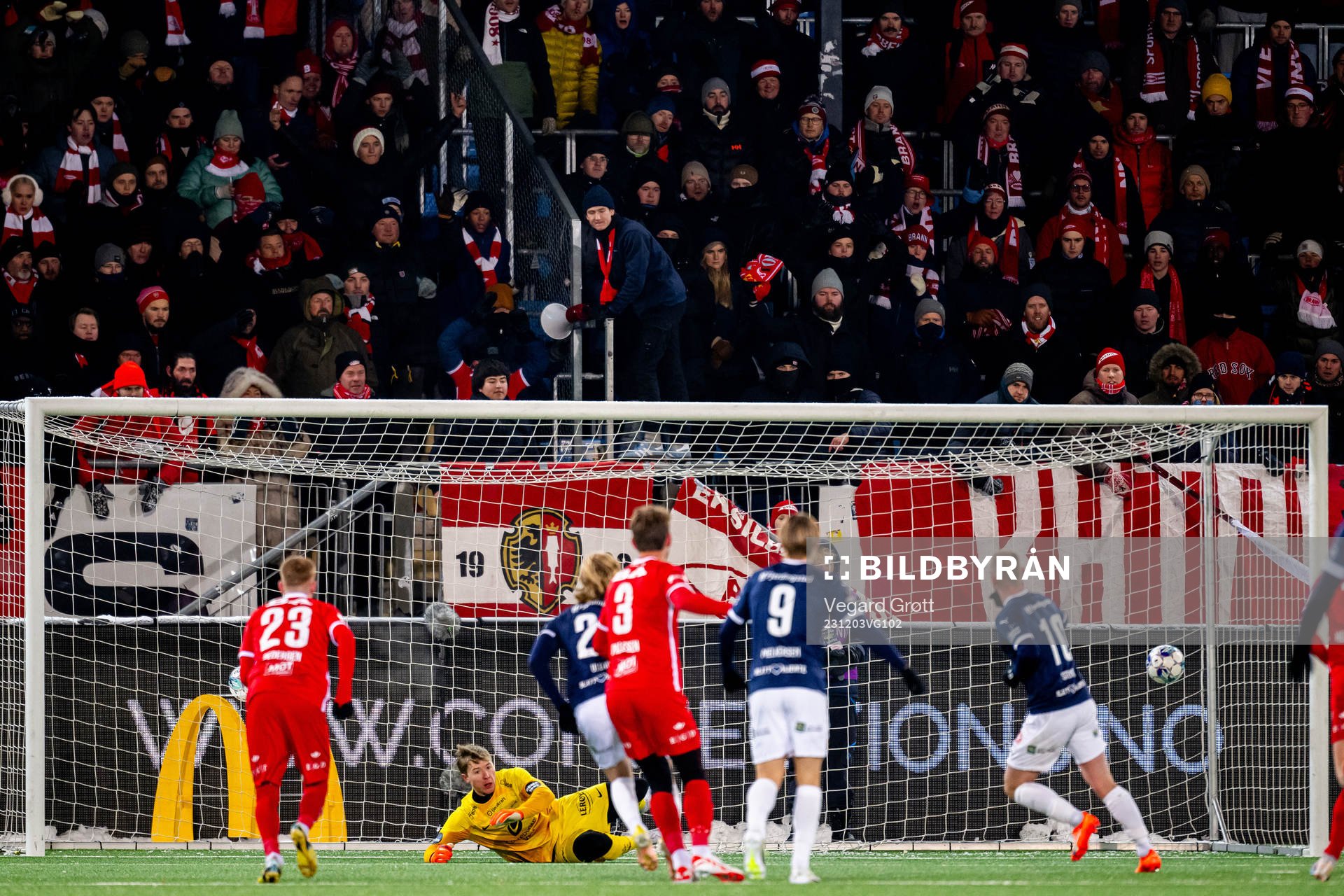 Herman Stengel of Strømsgodset scores the 3-0 goal behind