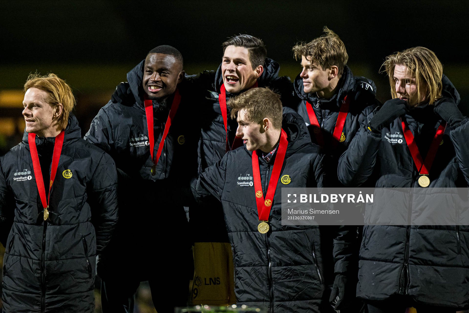 Adam Sørensen, Brice Wembangomo, Sondre Brunstad Fet, Sondre Sørli and Isak Helstad Amundsen of Bodø/Glimt after the Eliteserien match between Bodø/Glimt and Sarpsborg 08 on December 3, 2023 in Bodø.