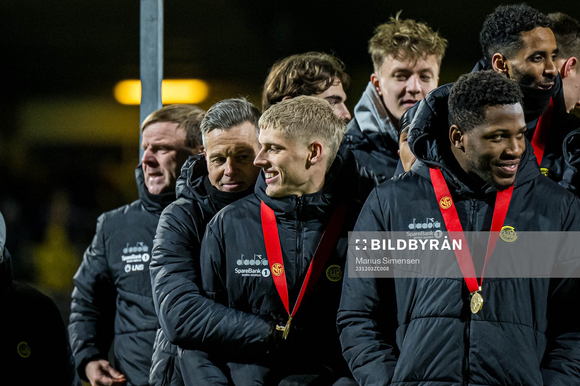 Kjetil Knutsen, head coach of Bodø/Glimt, Albert Grønbæk and Pemi Moumbagna Faris of Bodø/Glimt after the Eliteserien match between Bodø/Glimt and Sarpsborg 08 on December 3, 2023 in Bodø.