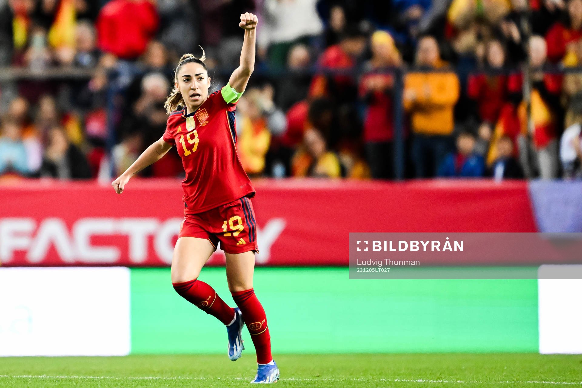 Olga Carmona Garcia of Spain celebrates the 1-1 goal during the UEFA Women's Nations League football match between Spain and Sweden on December 5, 2023 in Malaga.