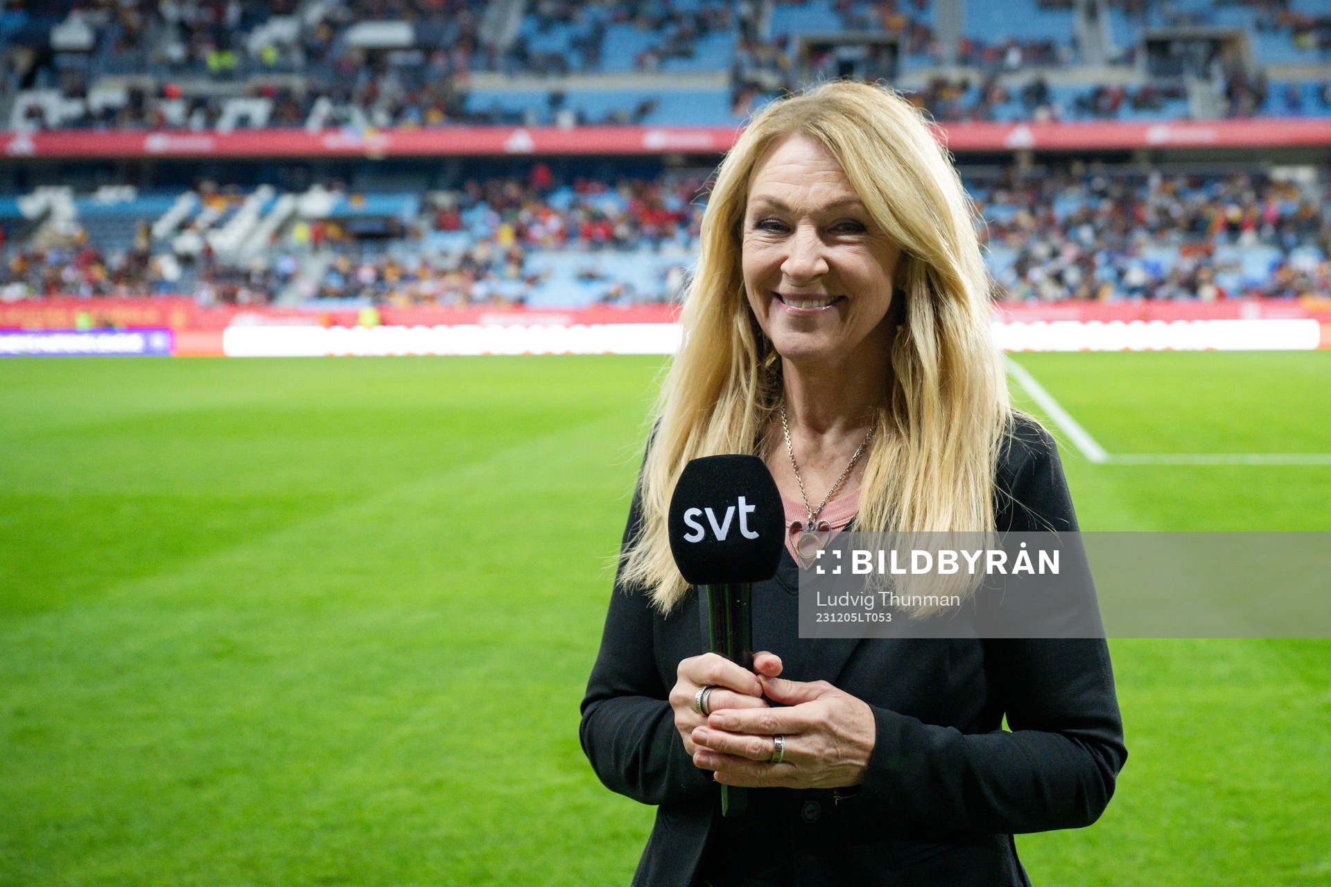 Jane Björck of Swedish broadcaster SVT ahead of the UEFA Women's Nations League football match between Spain and Sweden on December 5, 2023 in Malaga.