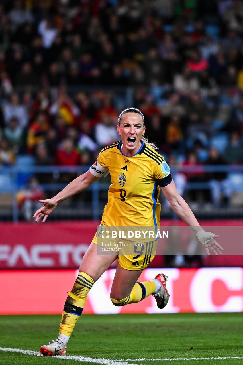 Kosovare Asllani of Sweden celebrates the 1-2 goal during the UEFA Women's Nations League football match between Spain and Sweden on December 5, 2023 in Malaga.